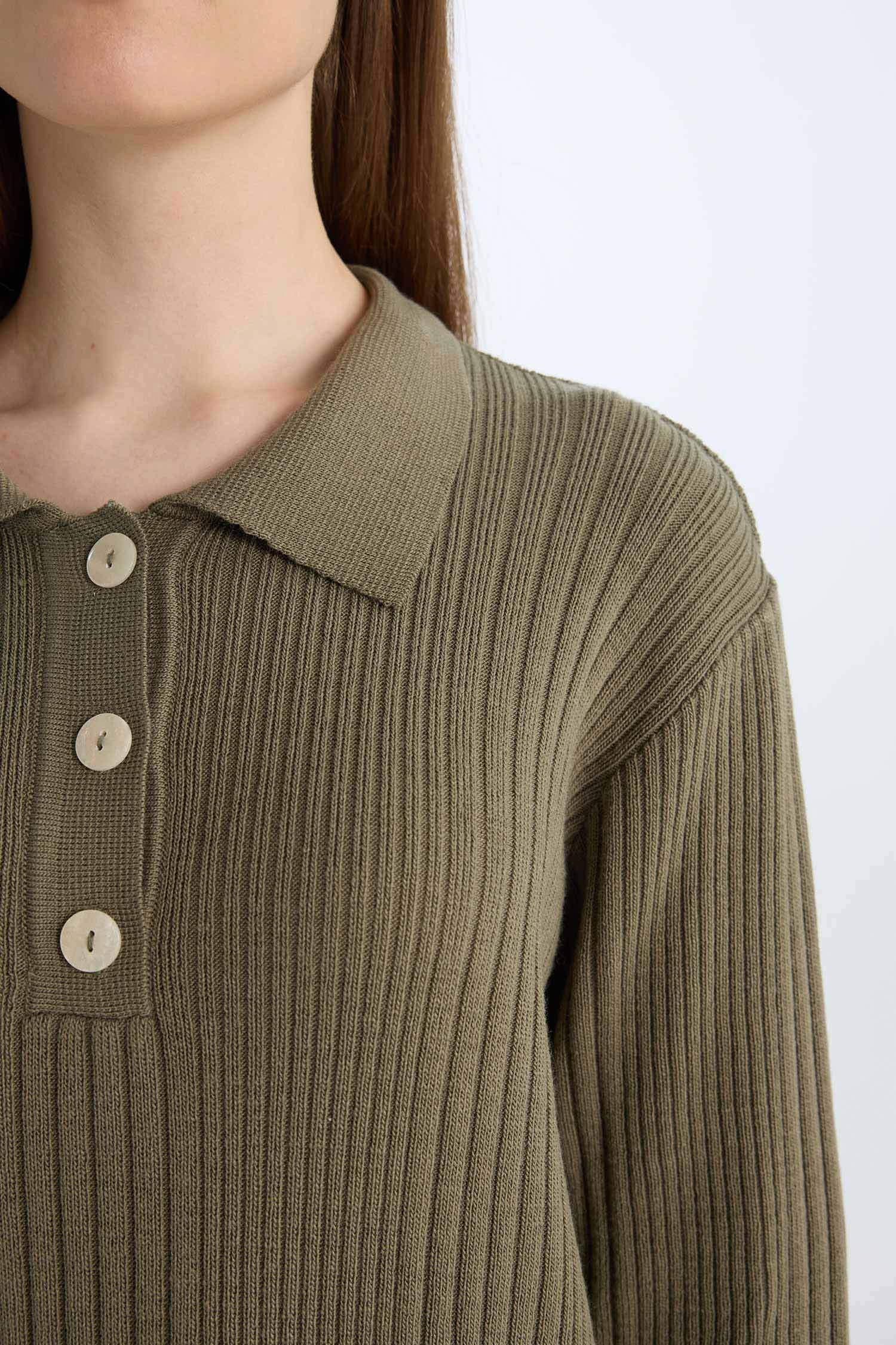 فستان طويل كم طويل قصة عادية برقبة بولو