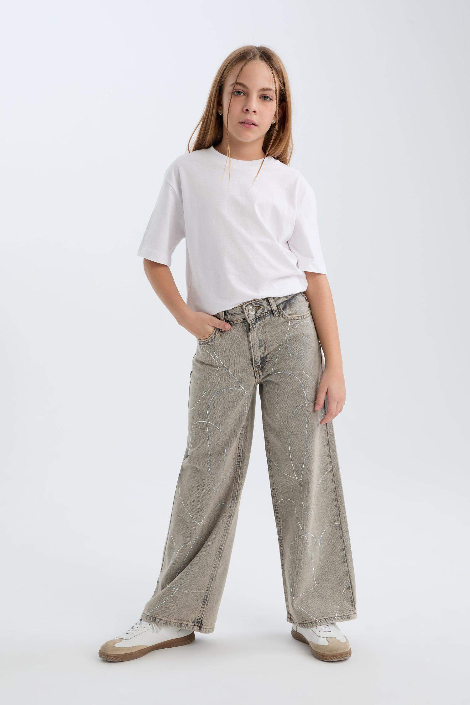 Kız Çocuk Yılbaşı Temalı Wide Leg Geniş Paça Jean Pantolon