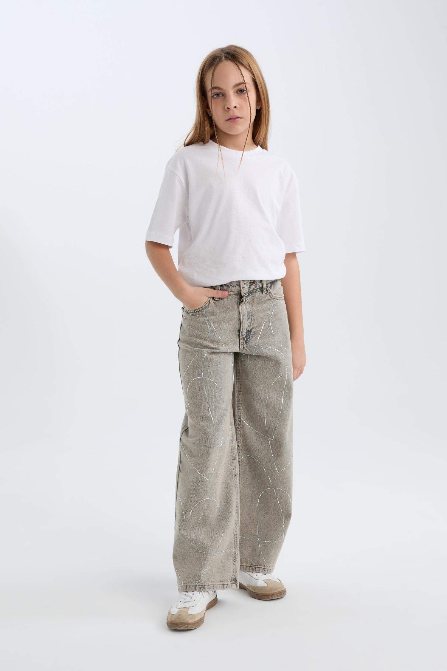 Kız Çocuk Yılbaşı Temalı Wide Leg Geniş Paça Jean Pantolon