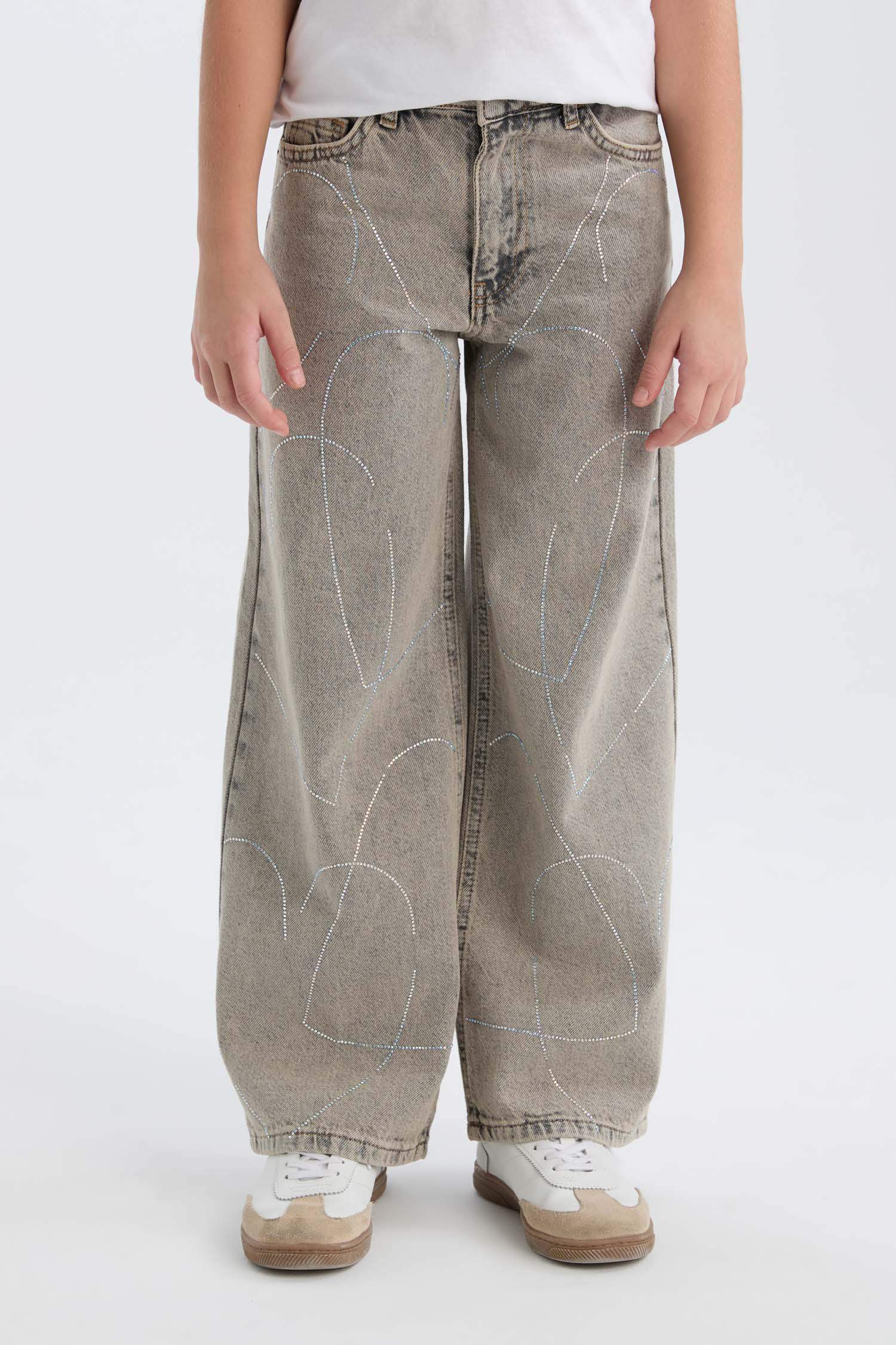 Kız Çocuk Yılbaşı Temalı Wide Leg Geniş Paça Jean Pantolon