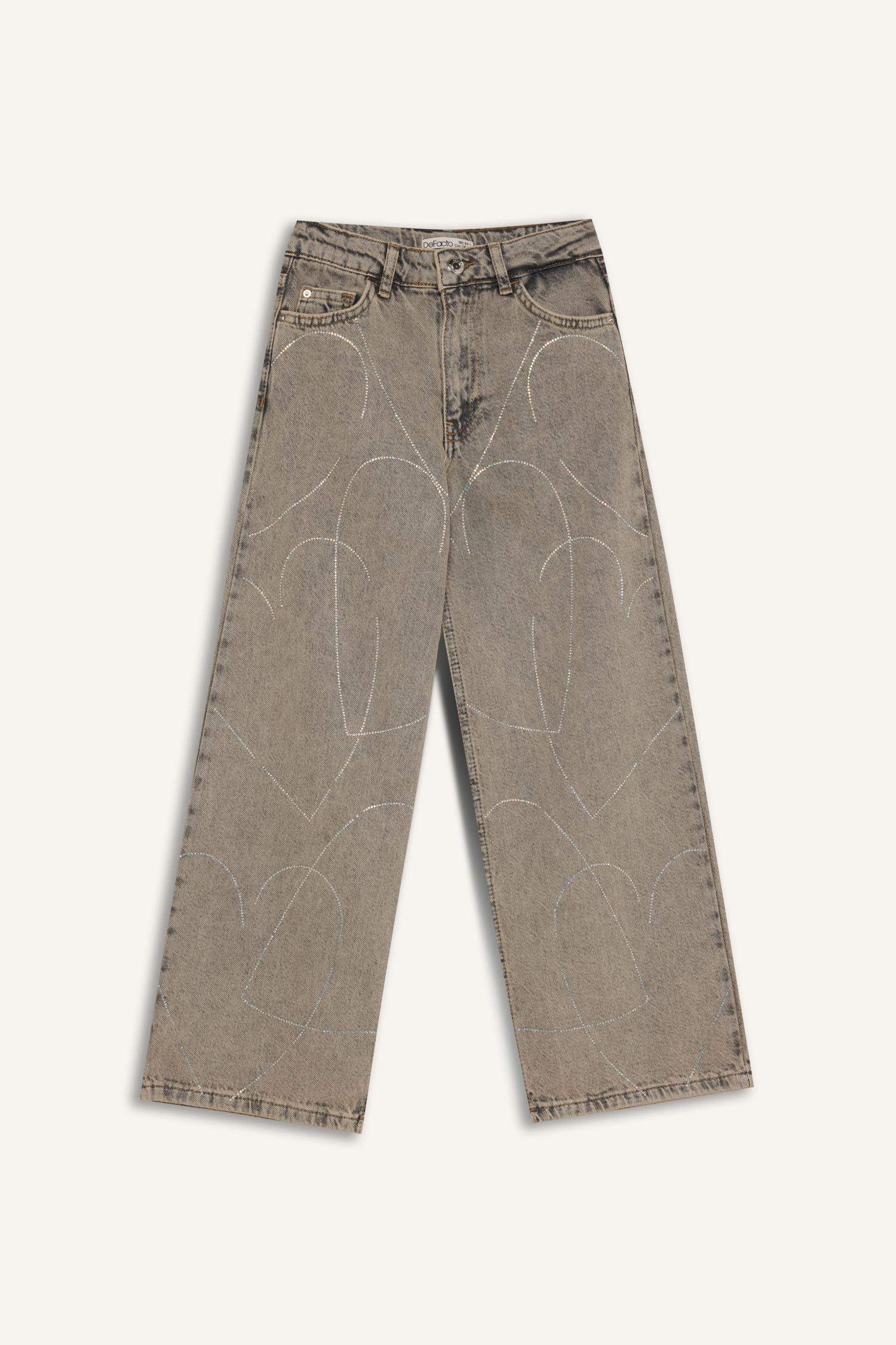 Kız Çocuk Yılbaşı Temalı Wide Leg Geniş Paça Jean Pantolon