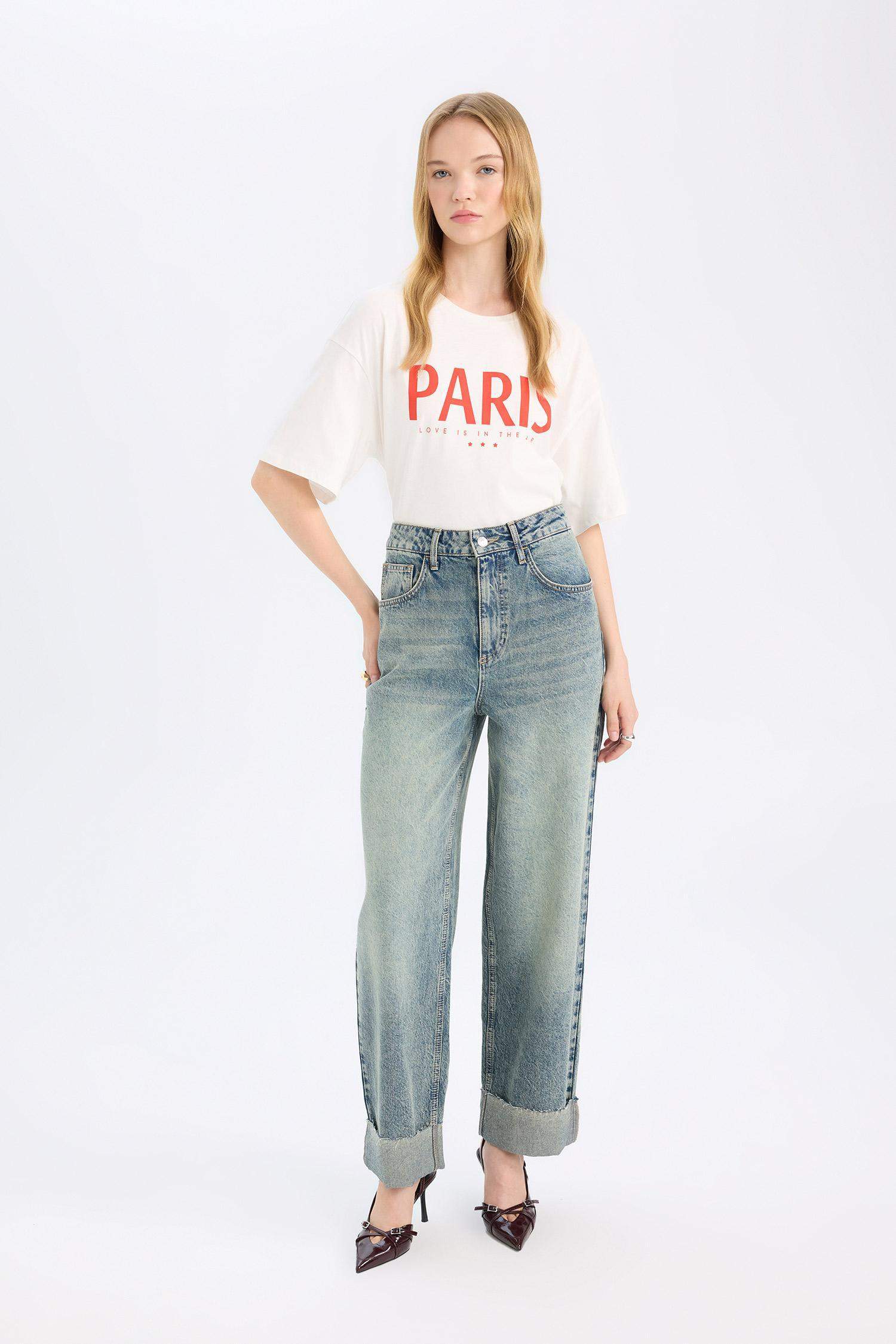 Baggy Fit High Waist Folded Leg Ankle Length Washed Jeans