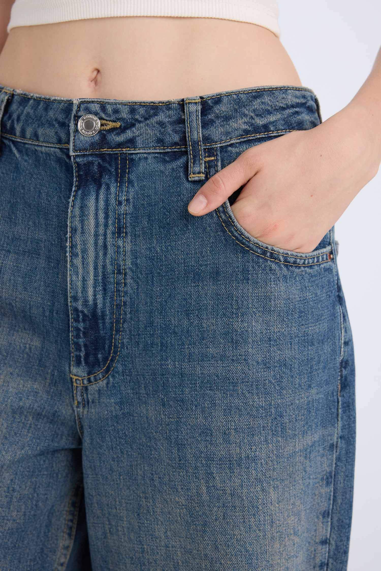 Baggy Fit Yüksek Bel Katlamalı Paça Bilek Boy  Yıkamalı Jean Pantolon