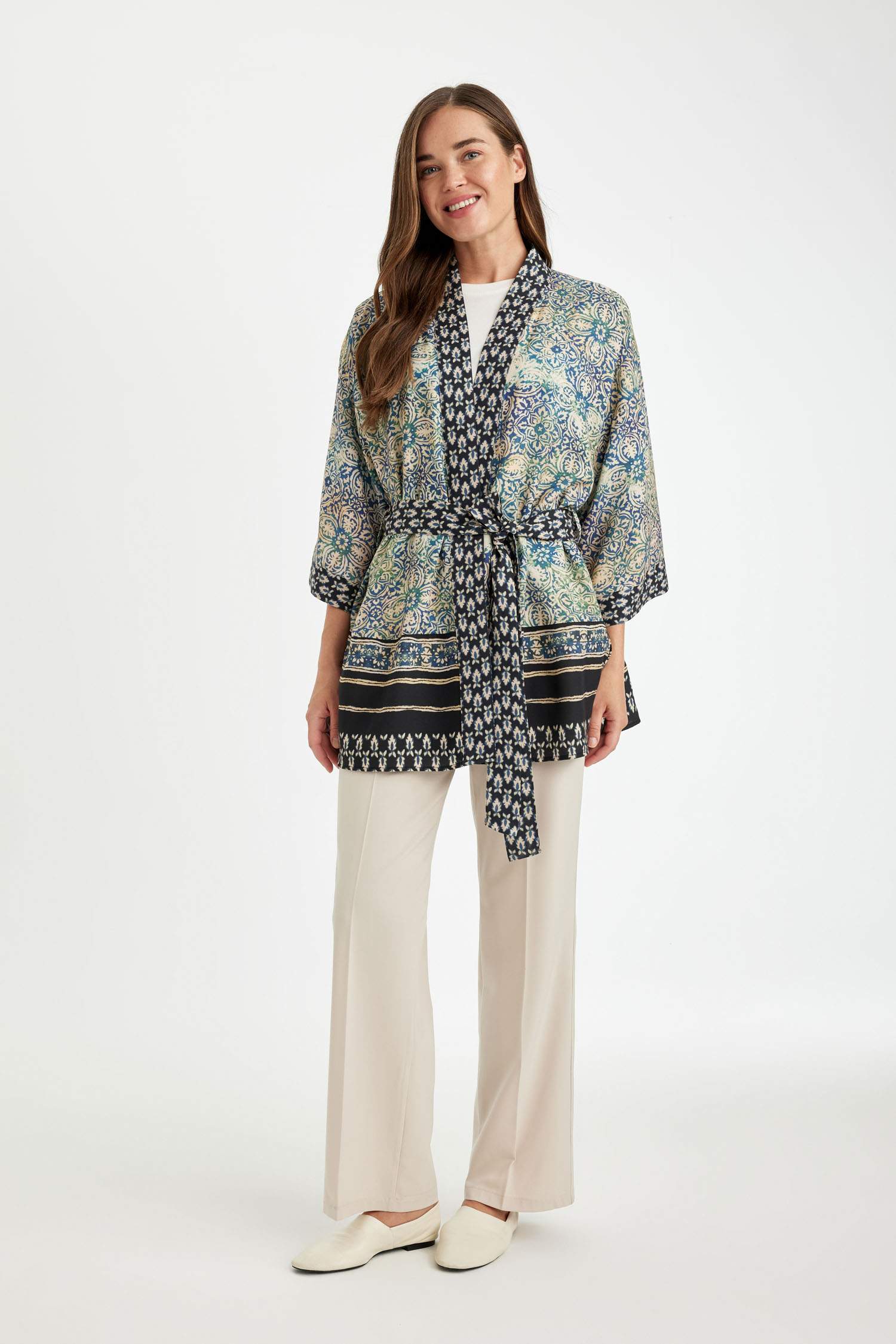 Relax Fit Desenli  Kuşaklı Kimono