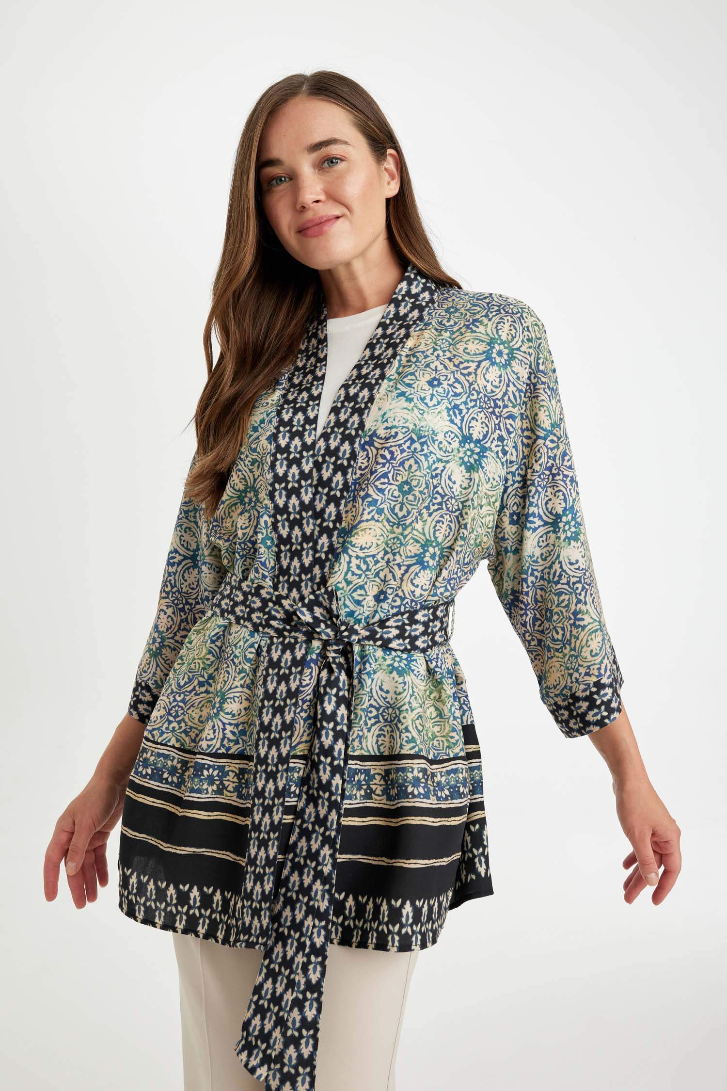 Relax Fit Desenli  Kuşaklı Kimono