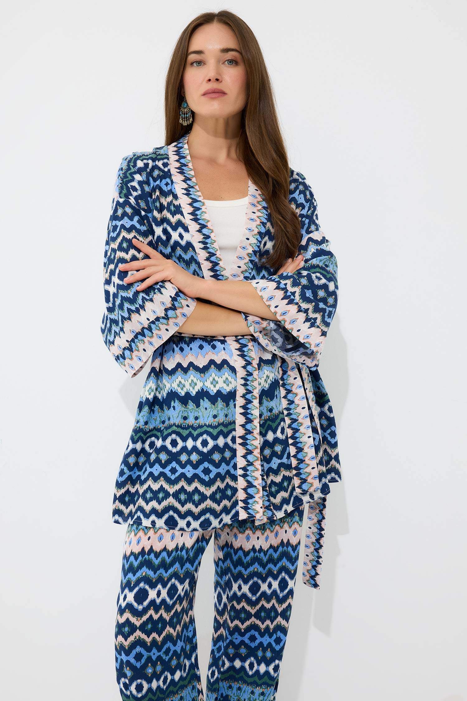 كيمونو قصة مريحة منقوش بحزام