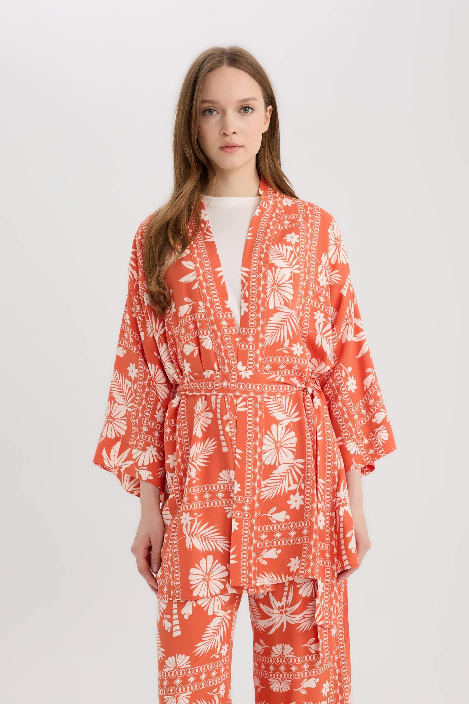 	Relax Fit Desenli Kuşaklı Kimono