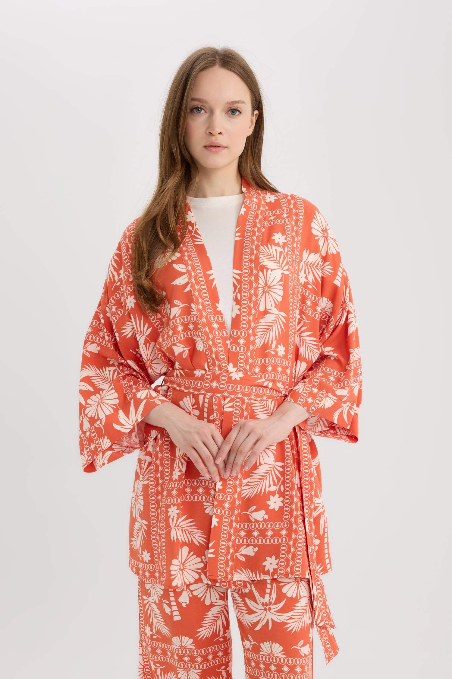 	Relax Fit Desenli Kuşaklı Kimono