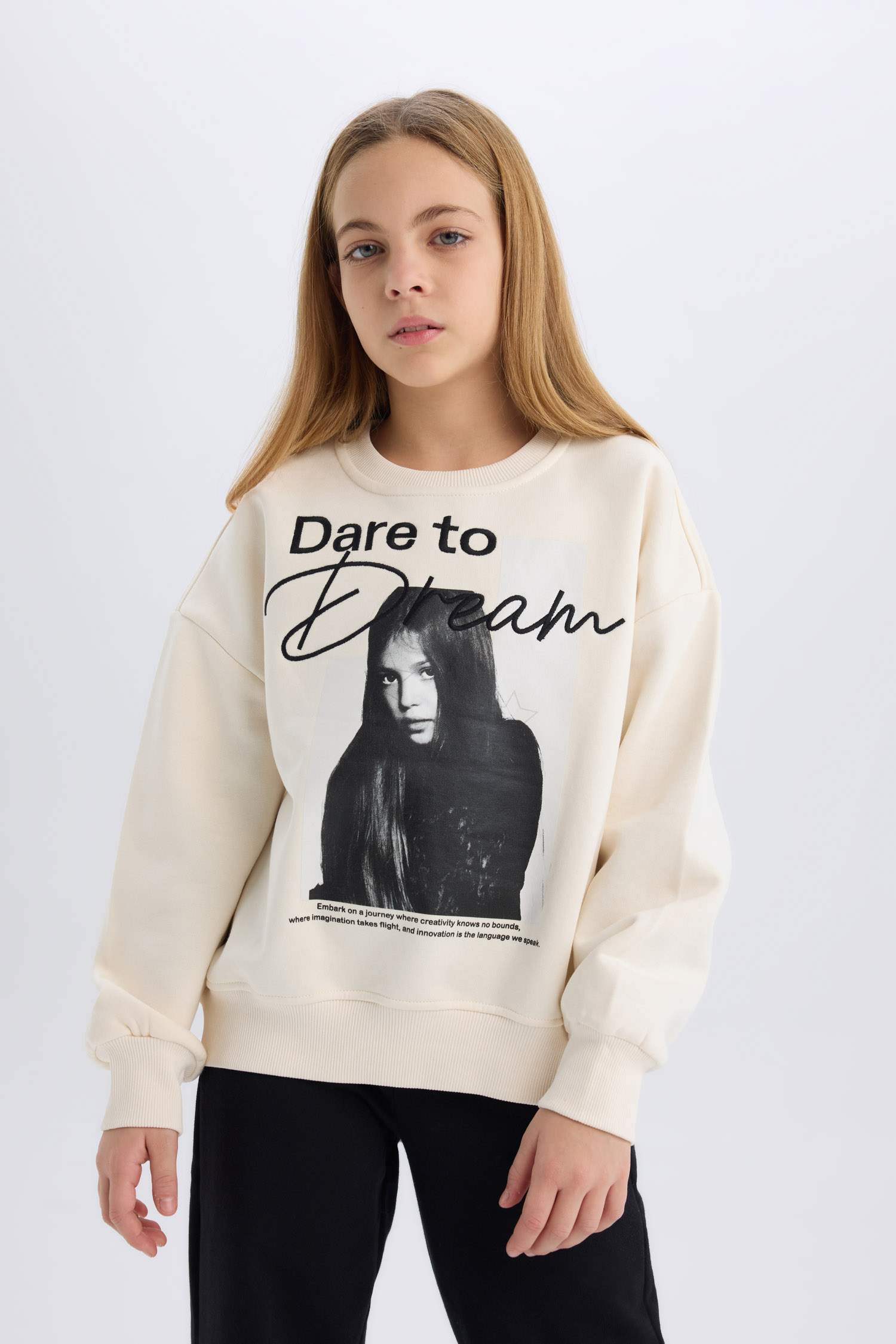 Kız Çocuk Oversize Geniş Kalıp Bisiklet Yaka Baskılı Sweatshirt