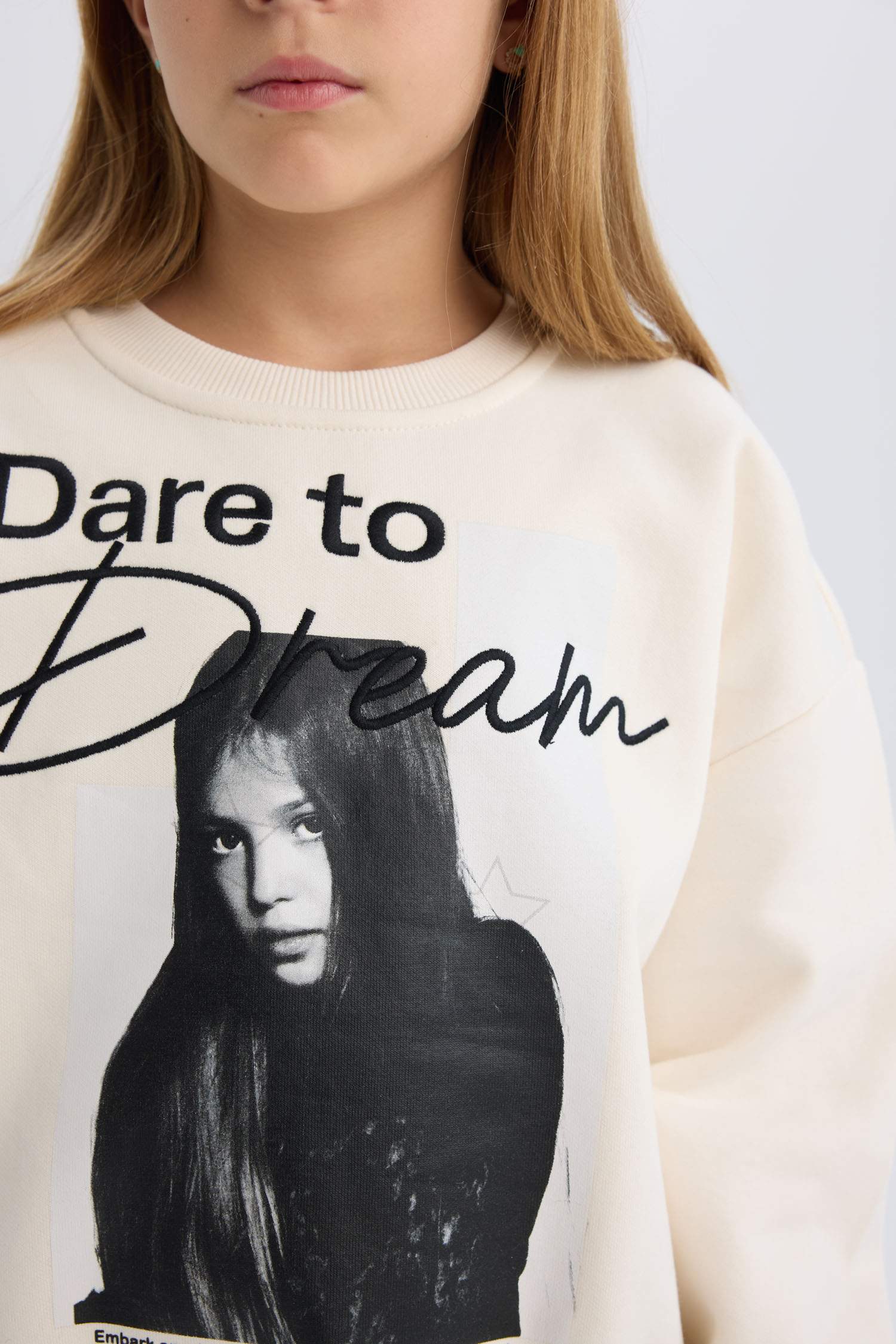 Kız Çocuk Oversize Geniş Kalıp Bisiklet Yaka Baskılı Sweatshirt