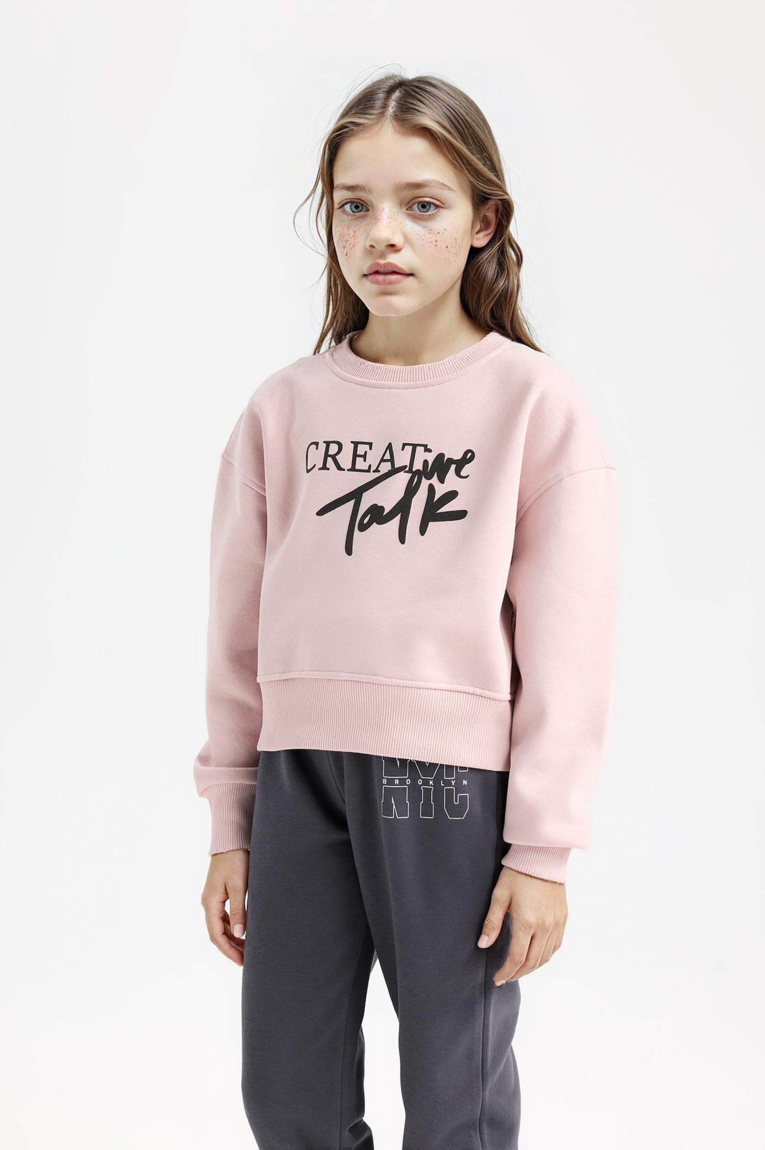 Kız Çocuk Relax Fit Bisiklet Yaka Baskılı Sweatshirt