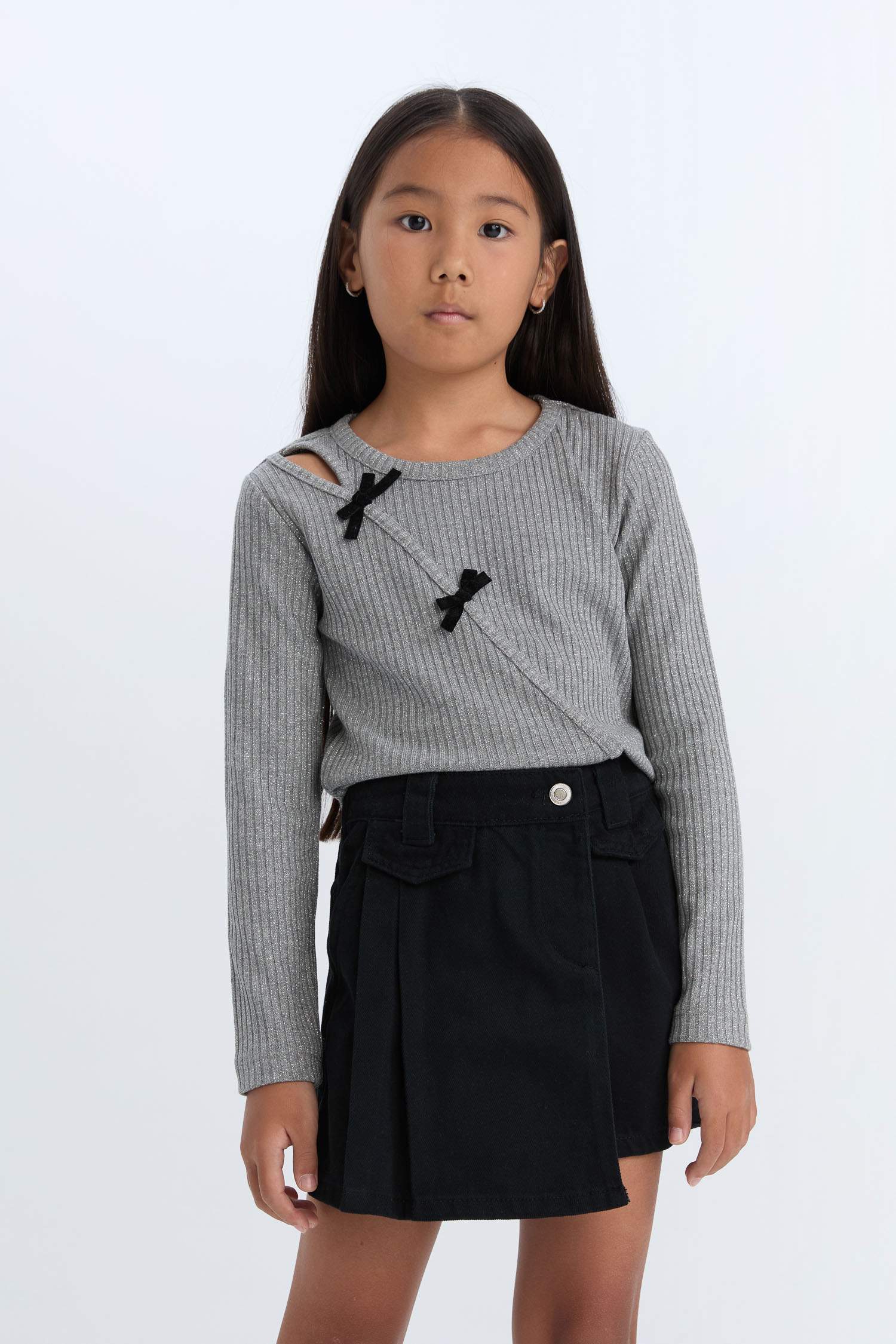 T-shirt Slim côtelé à col rond et manches longues à nœuds