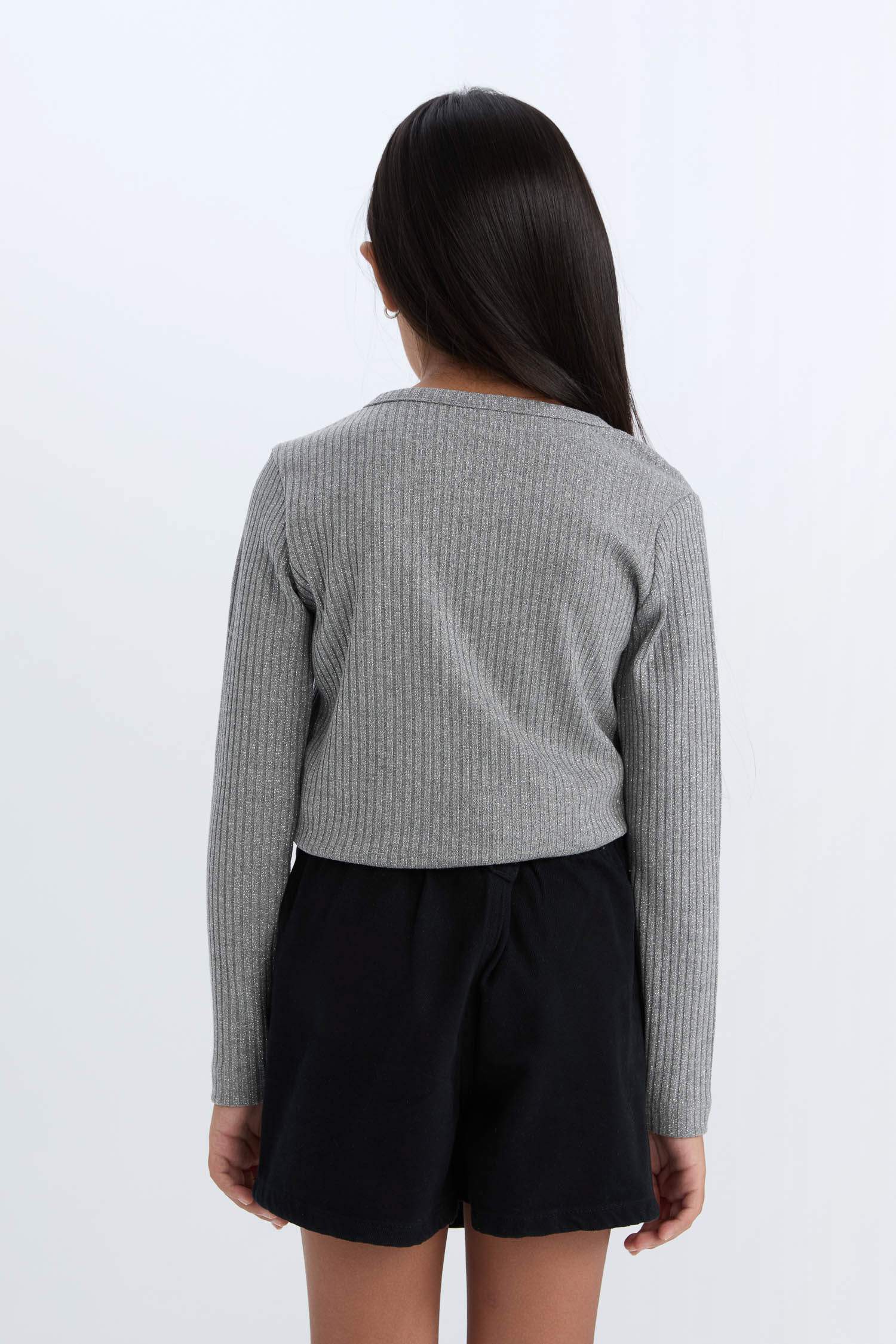 T-shirt Slim côtelé à col rond et manches longues à nœuds