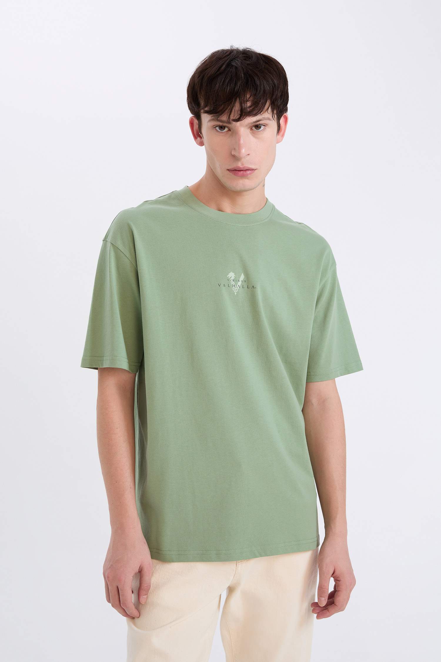%100 Pamuk Vikings Valhalla Boxy Fit Bisiklet Yaka Sırt Baskılı Kısa Kollu Tişört