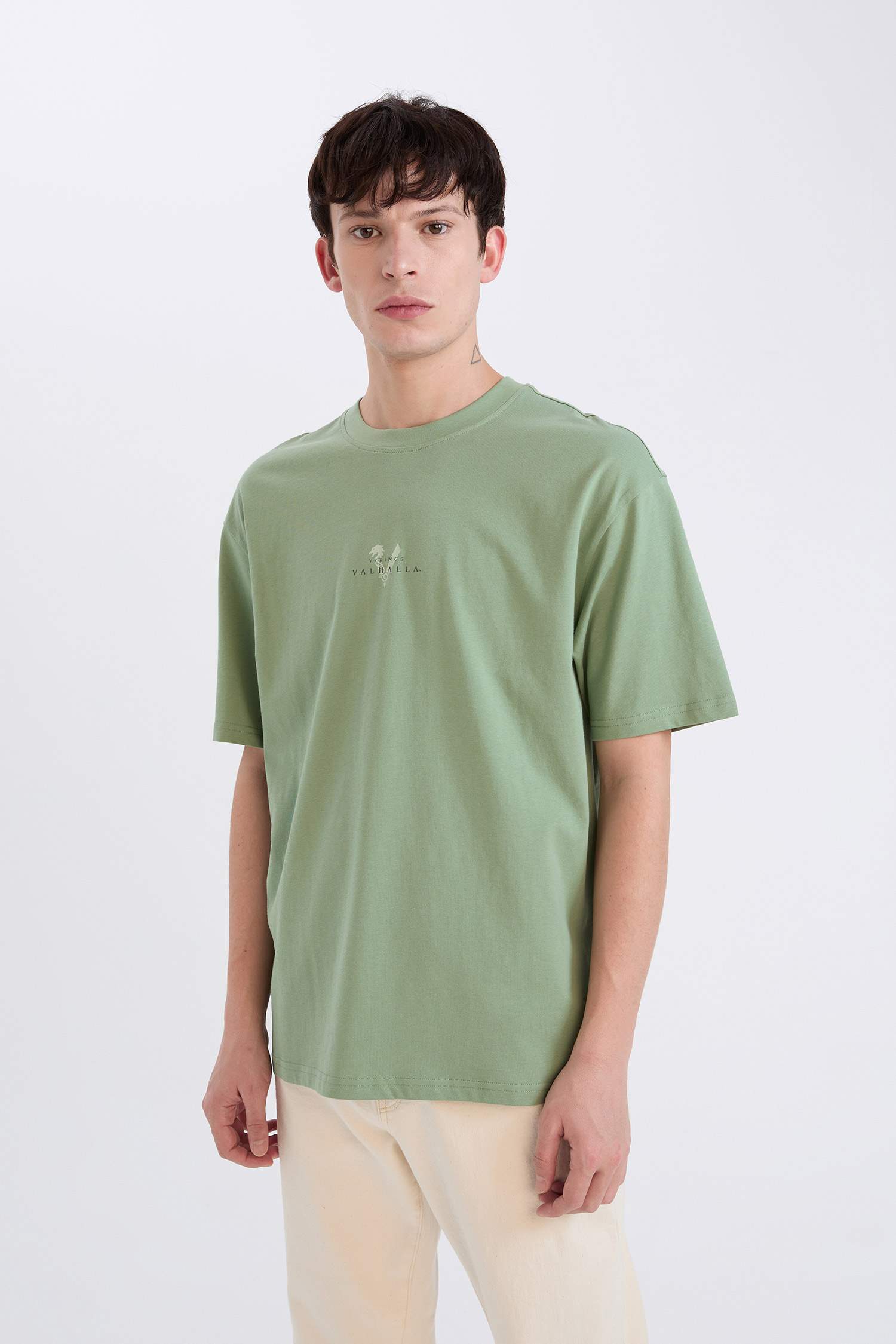 %100 Pamuk Vikings Valhalla Boxy Fit Bisiklet Yaka Sırt Baskılı Kısa Kollu Tişört