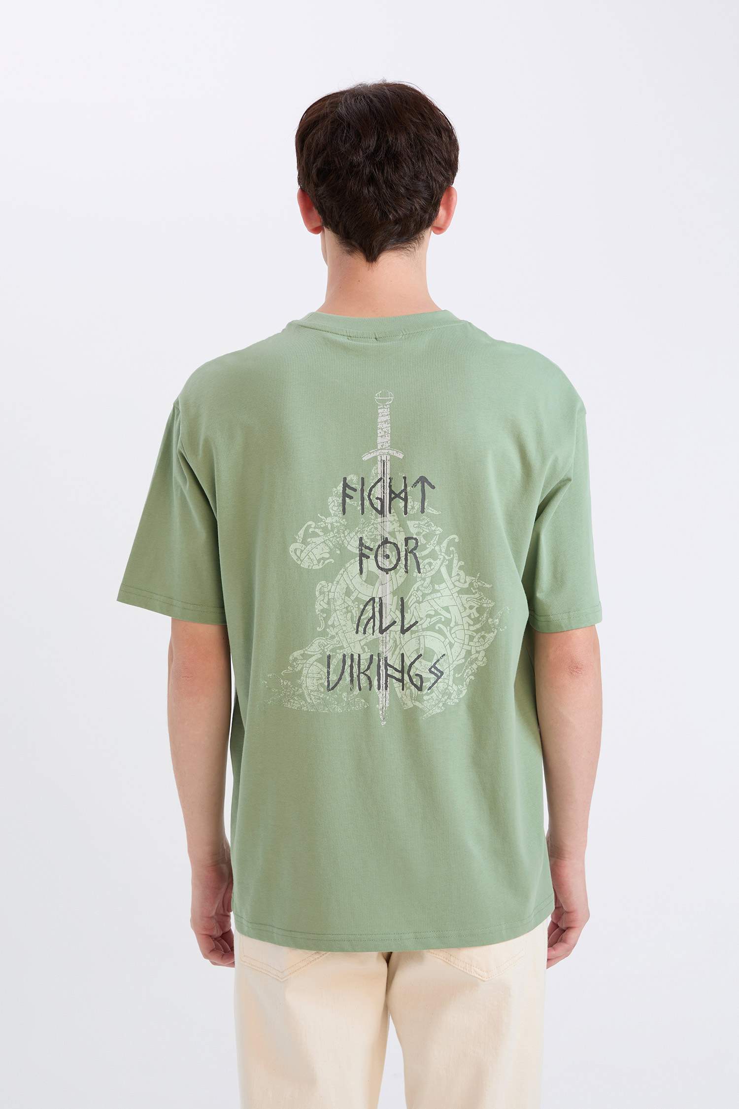 %100 Pamuk Vikings Valhalla Boxy Fit Bisiklet Yaka Sırt Baskılı Kısa Kollu Tişört