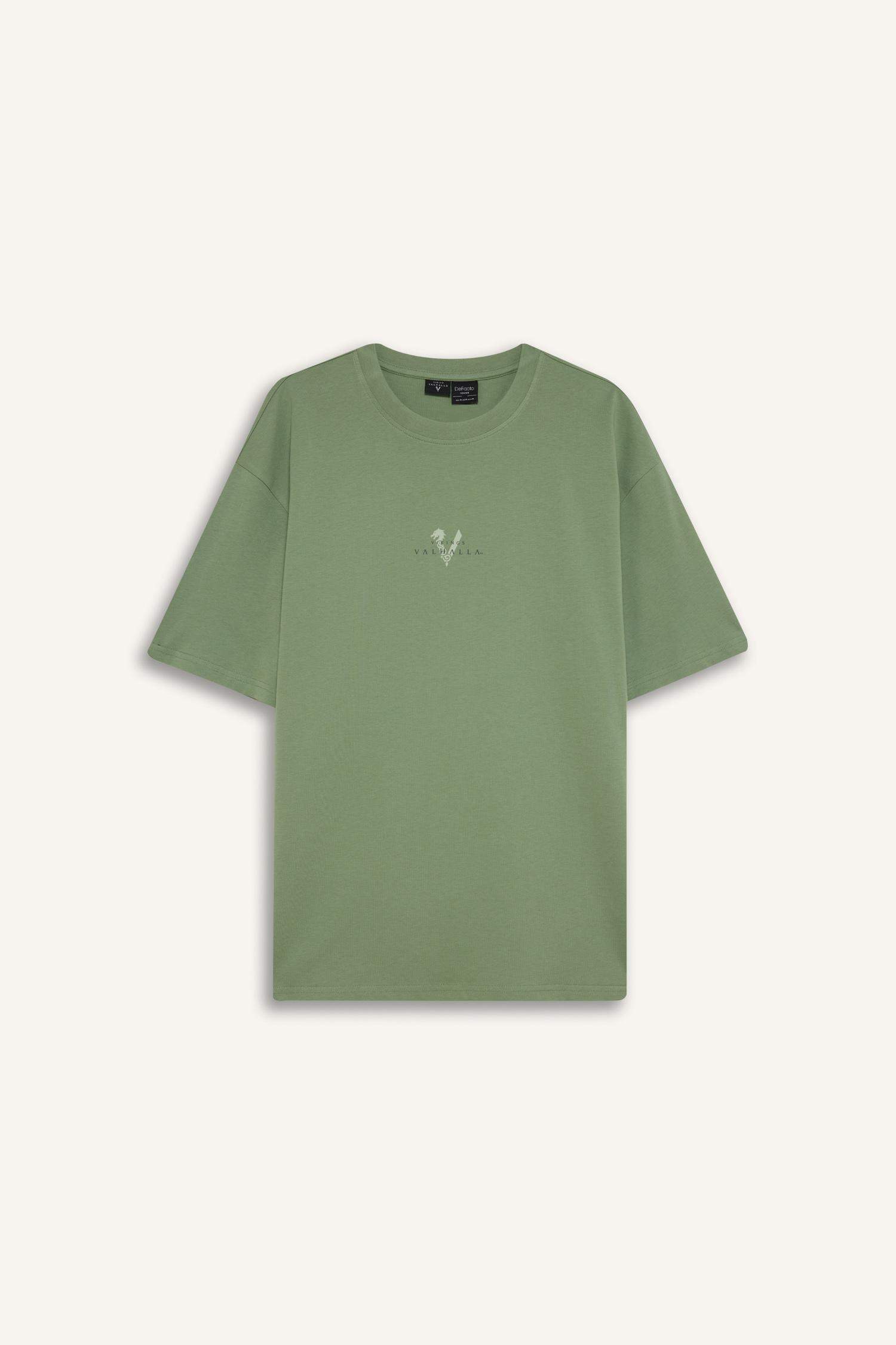 %100 Pamuk Vikings Valhalla Boxy Fit Bisiklet Yaka Sırt Baskılı Kısa Kollu Tişört