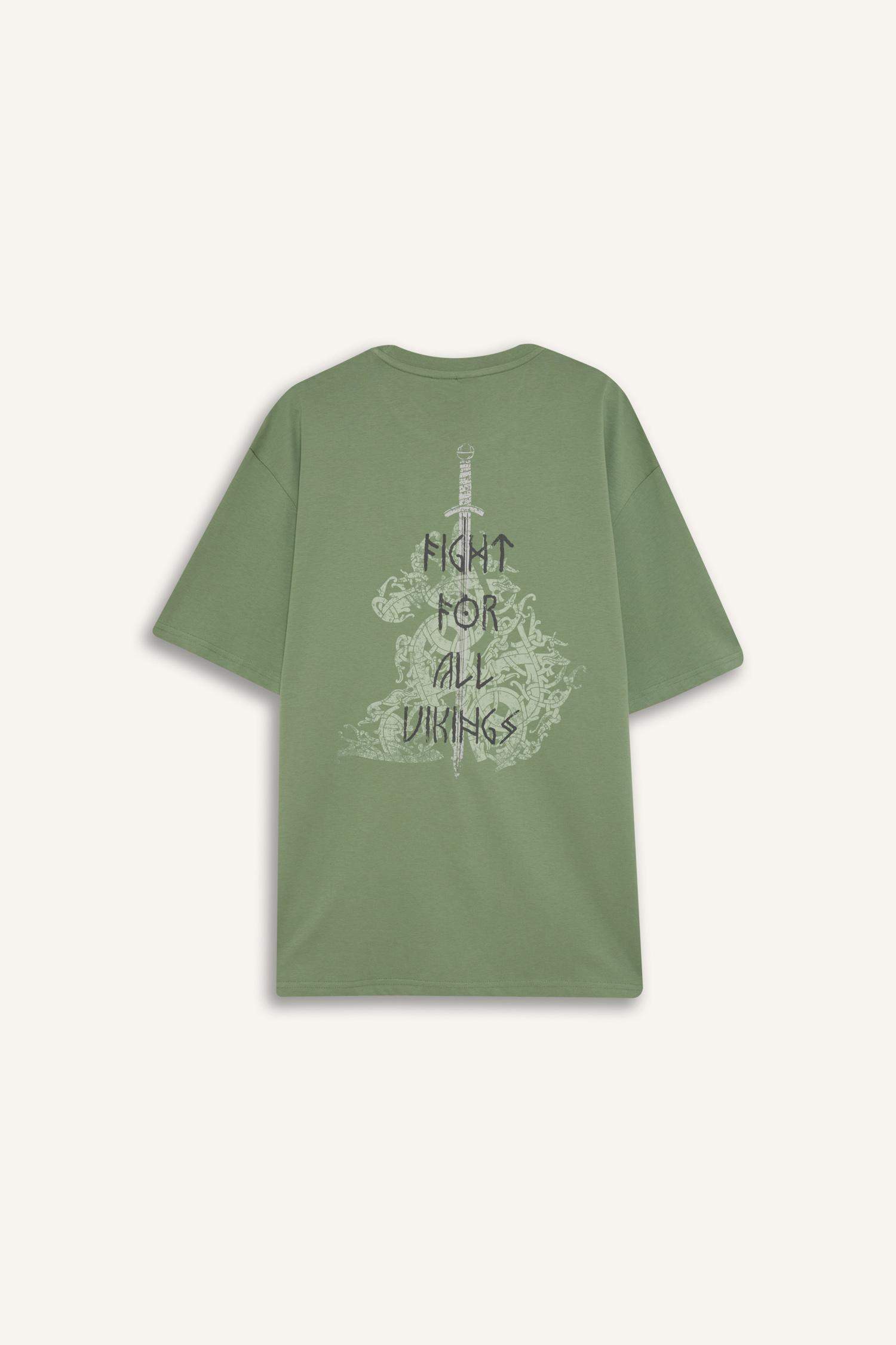 %100 Pamuk Vikings Valhalla Boxy Fit Bisiklet Yaka Sırt Baskılı Kısa Kollu Tişört