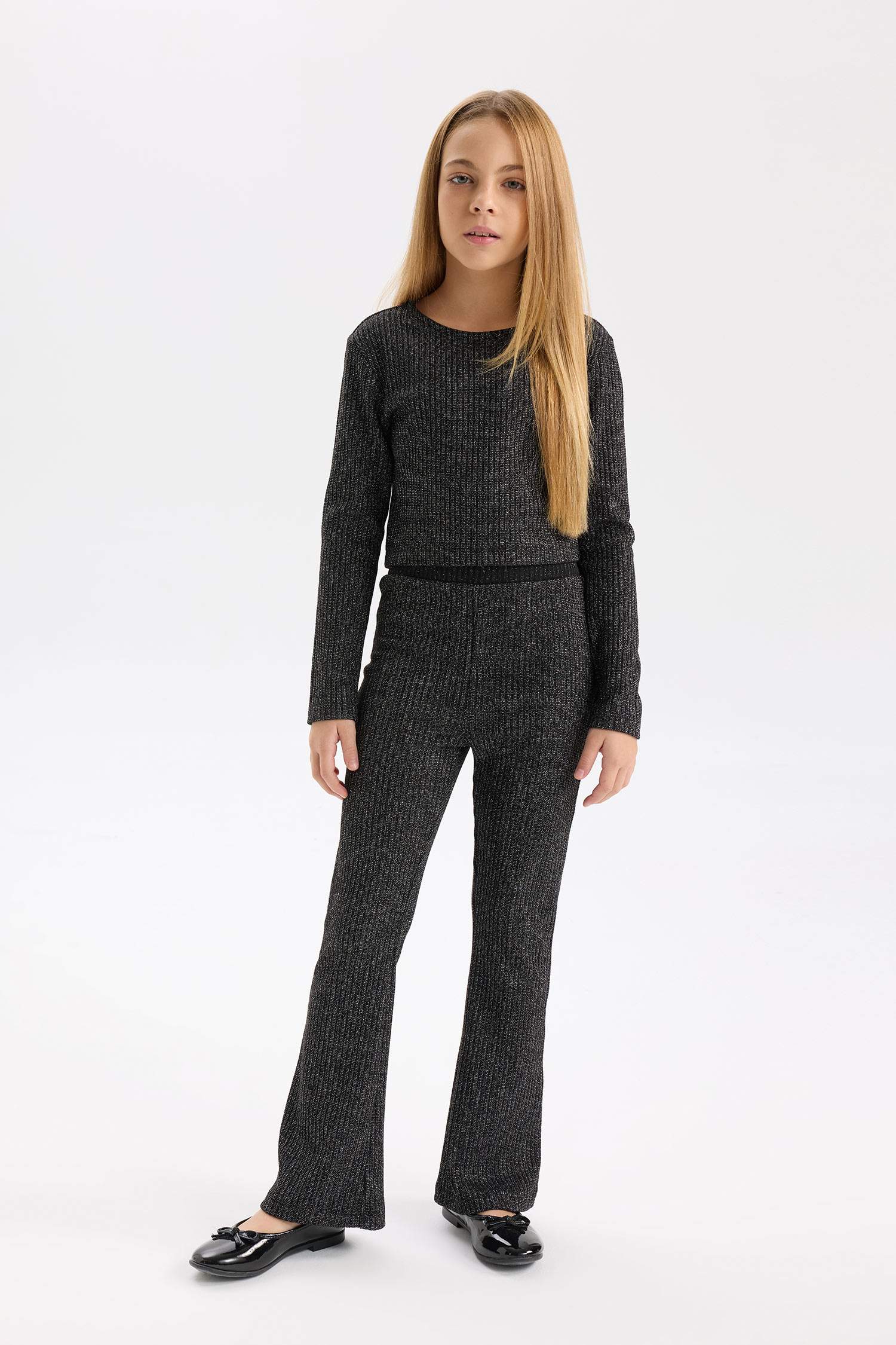 Ensemble en tissu brillant, Top à col rond et manches longues et bas évasé pour Fille