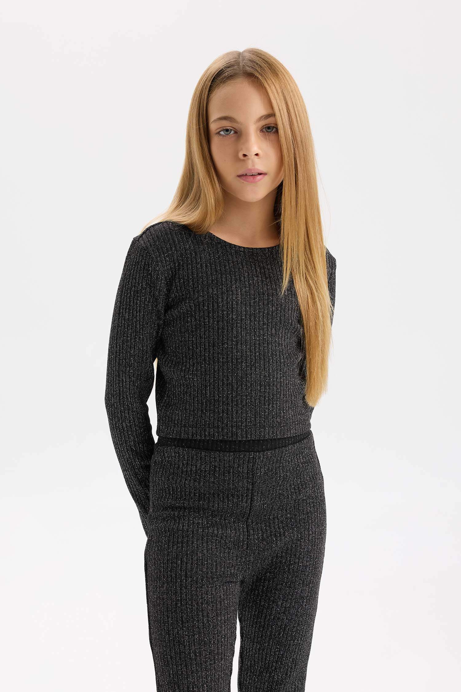 Ensemble en tissu brillant, Top à col rond et manches longues et bas évasé pour Fille