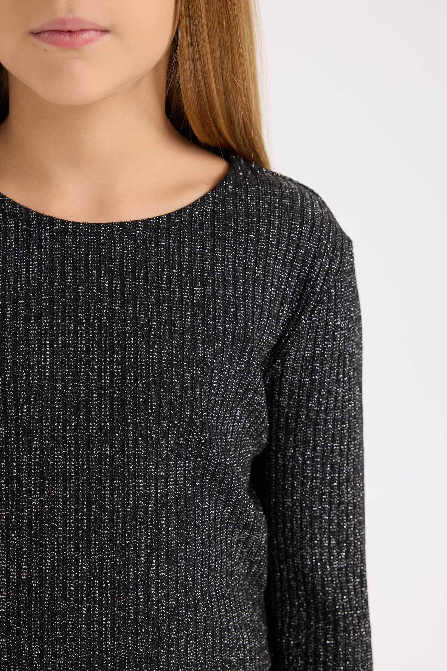 Ensemble en tissu brillant, Top à col rond et manches longues et bas évasé pour Fille