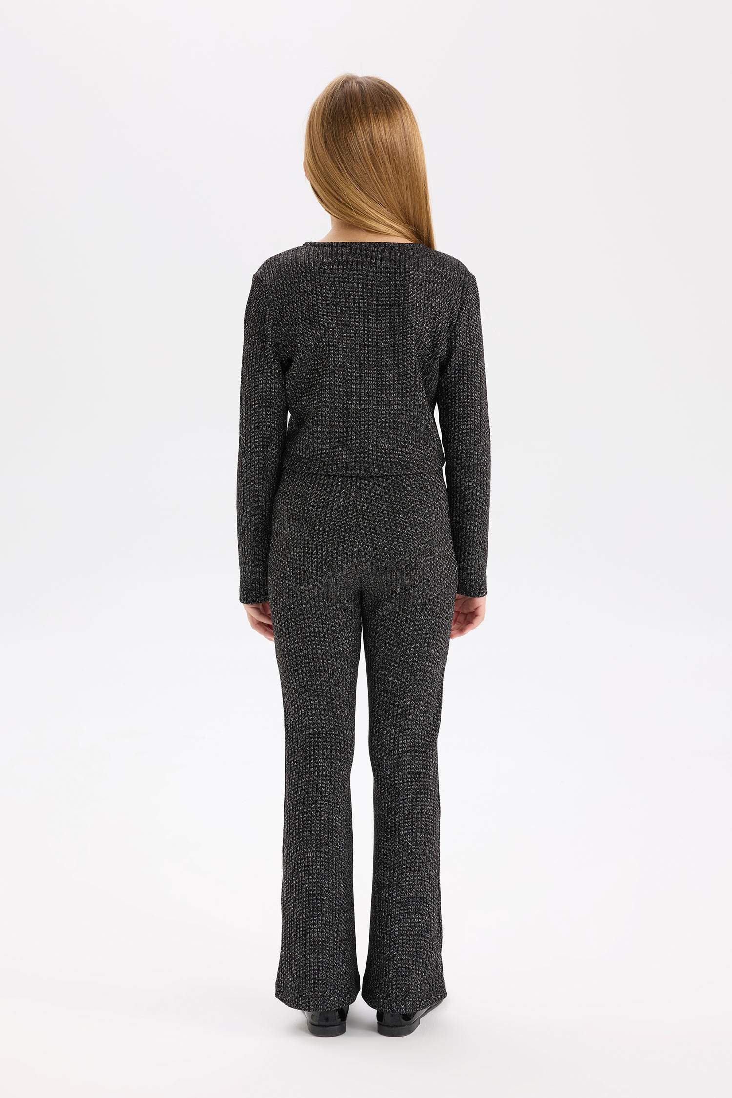 Ensemble en tissu brillant, Top à col rond et manches longues et bas évasé pour Fille