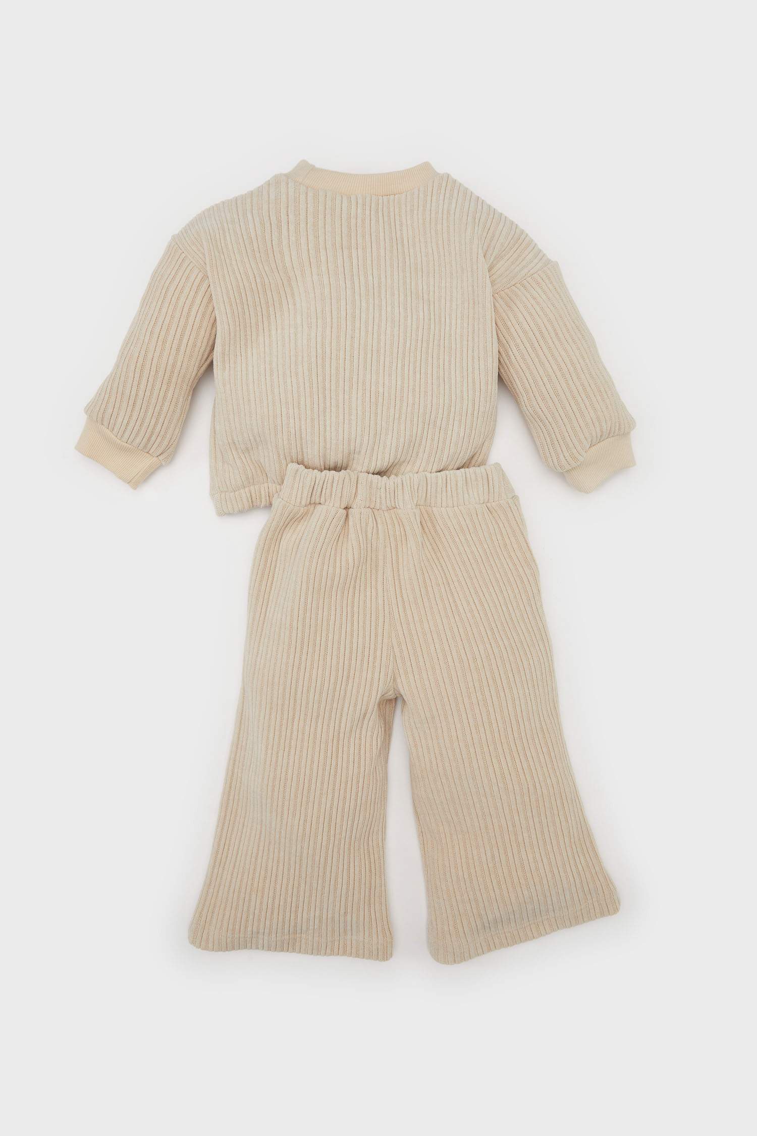 Kız Bebek 2'li Takım Fitilli Kadife Baskılı Sweatshirt Geniş Bol Paça Alt