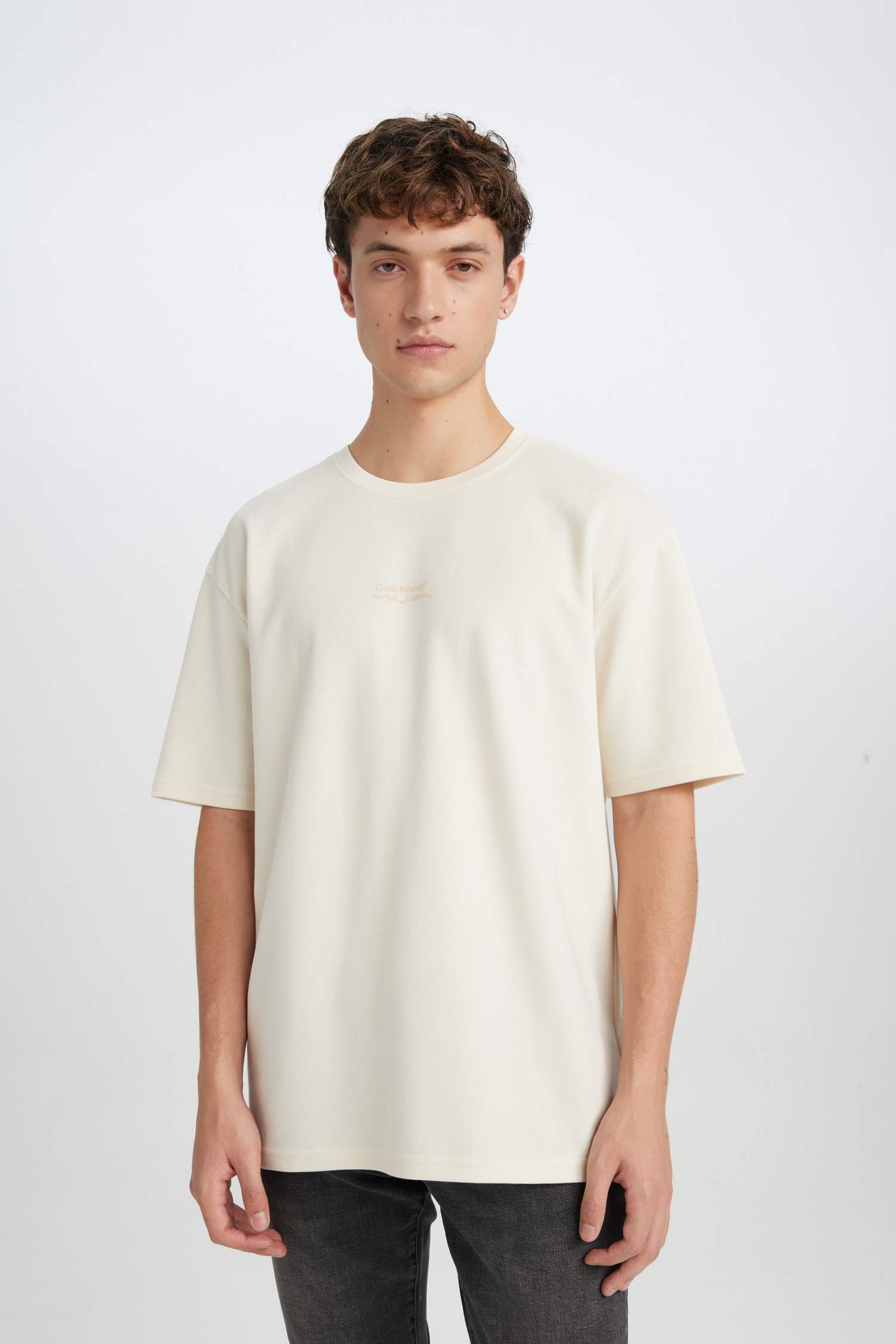 Boxy Fit Bisiklet Yaka Baskılı Kısa Kollu Ağır Kumaş Tişört