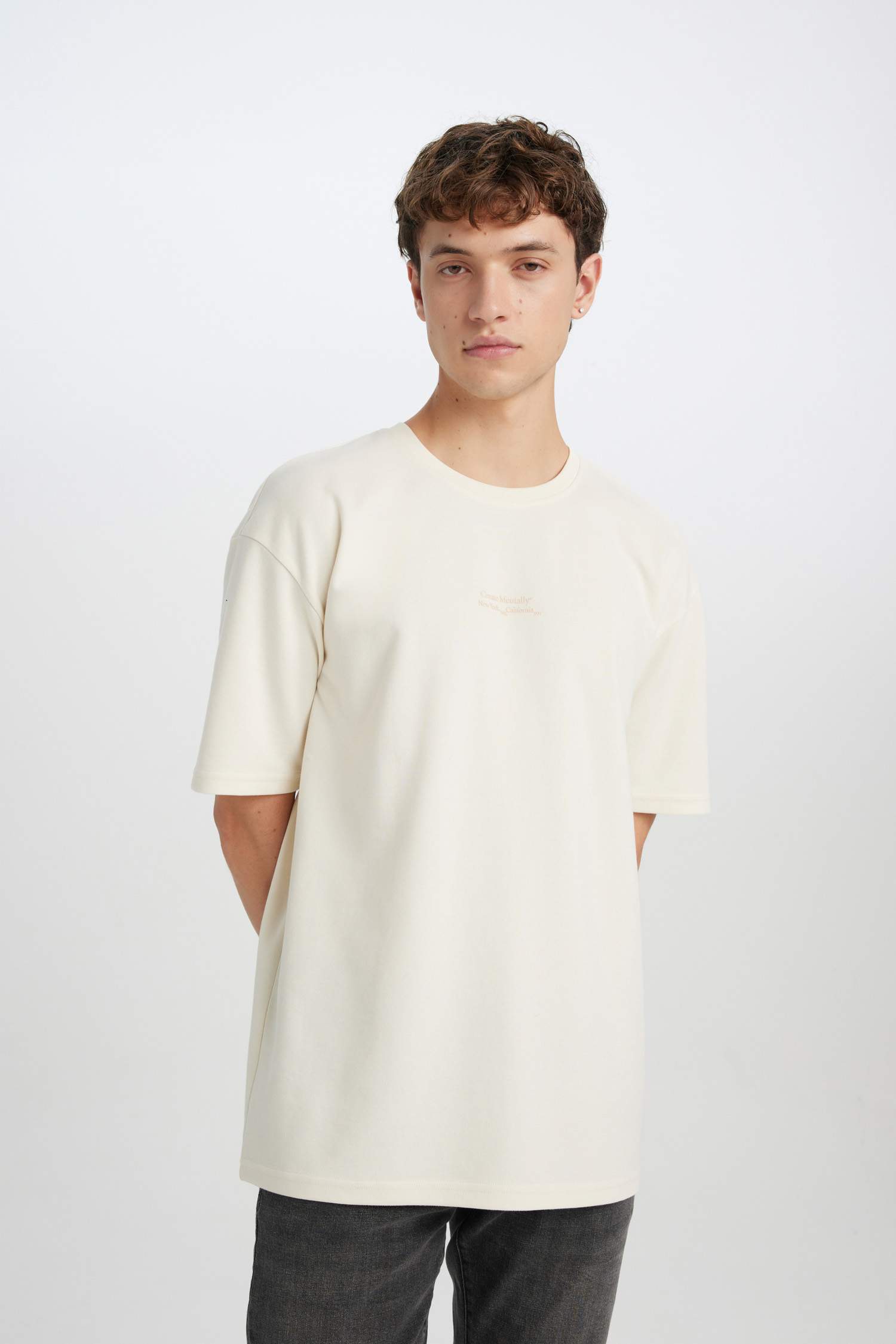 Boxy Fit Bisiklet Yaka Baskılı Kısa Kollu Ağır Kumaş Tişört