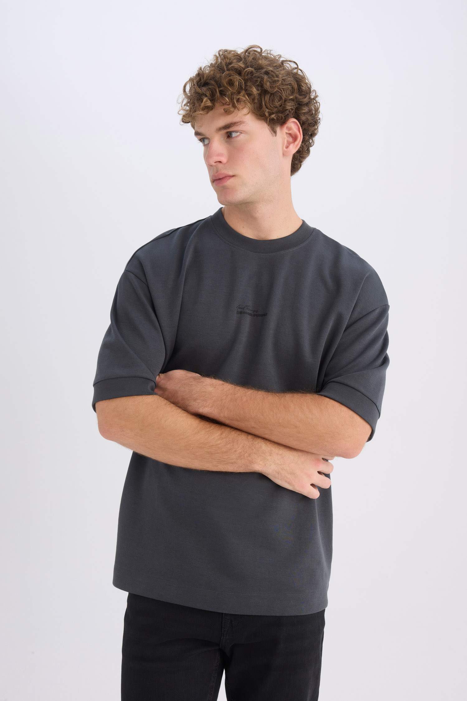 Loose Fit Bisiklet Yaka Baskılı Ağır Kumaş Kısa Kollu Tişört