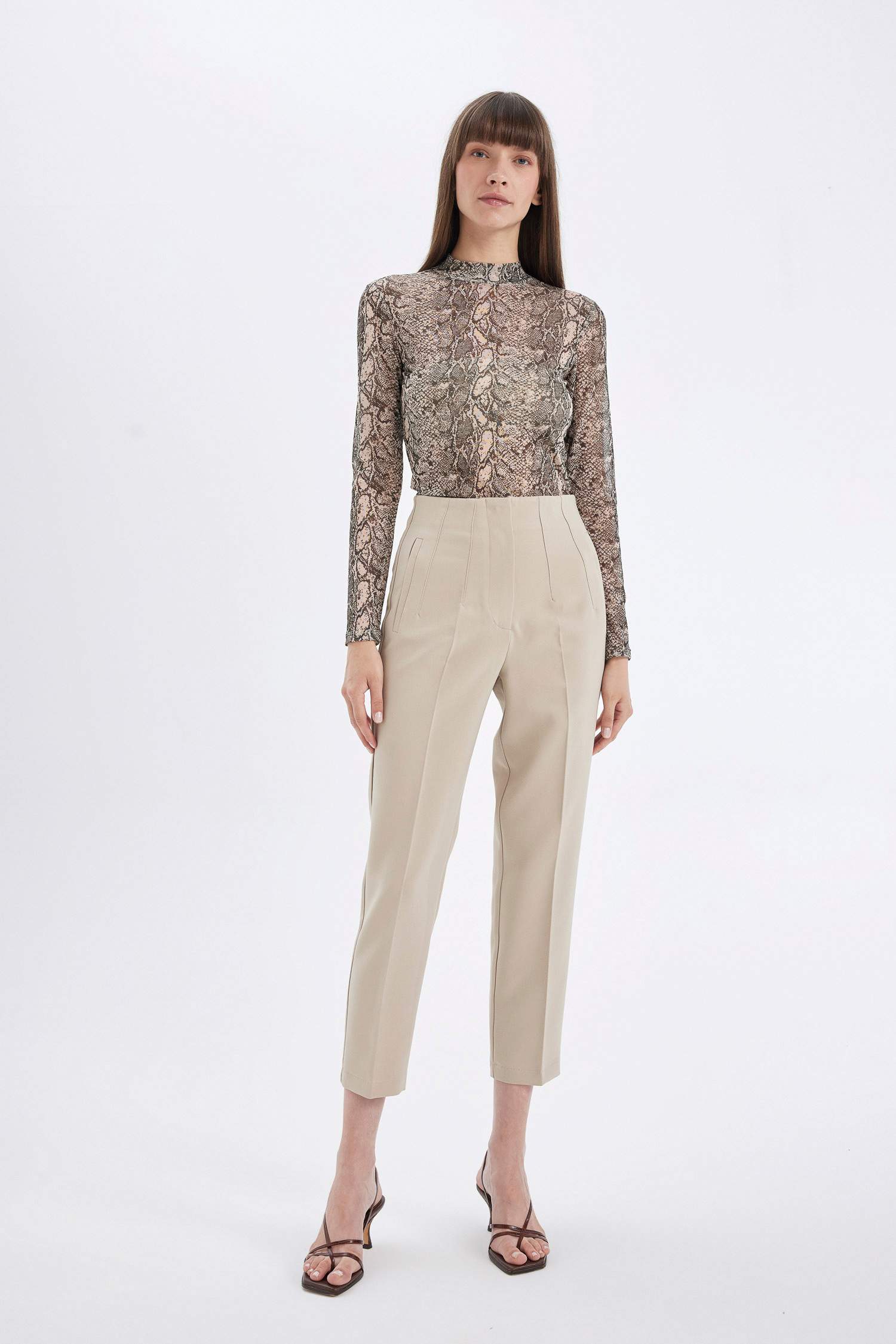 Slim Fit Half Turtleneck Snake Patterned Tulle T-Shirt