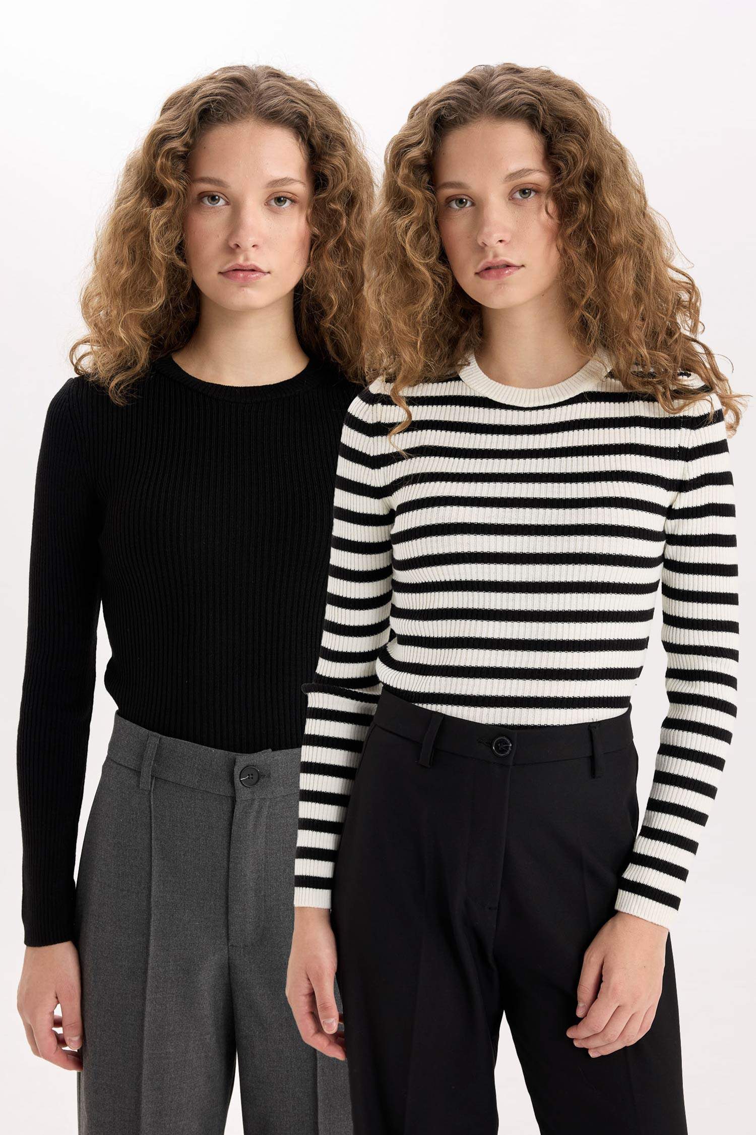 Fitted Bisiklet Yaka Ribana 2'li Triko Kazak