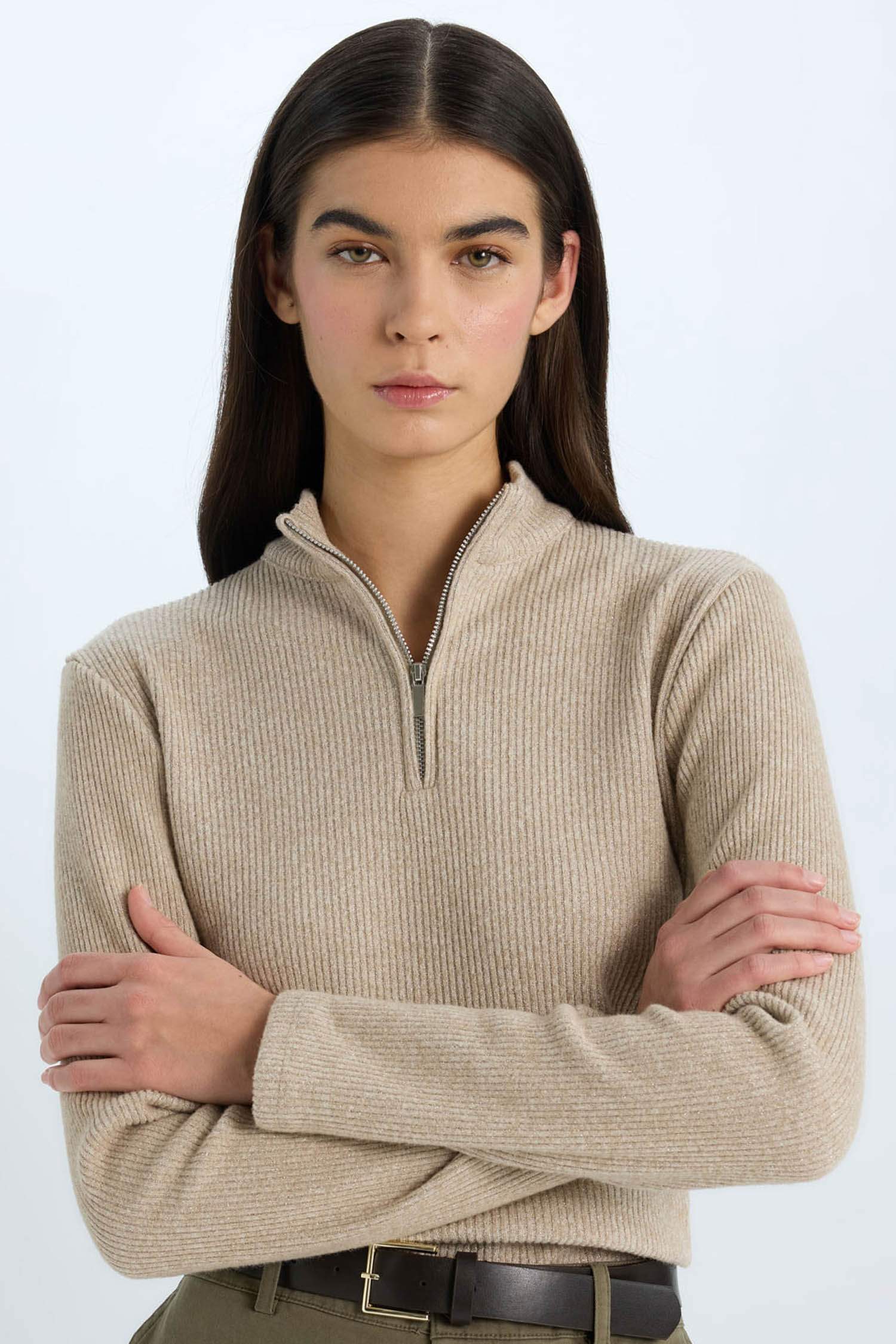 Slim Fit Dar Kesim Yarım Fermuarlı Tweed Uzun Kollu Tişört