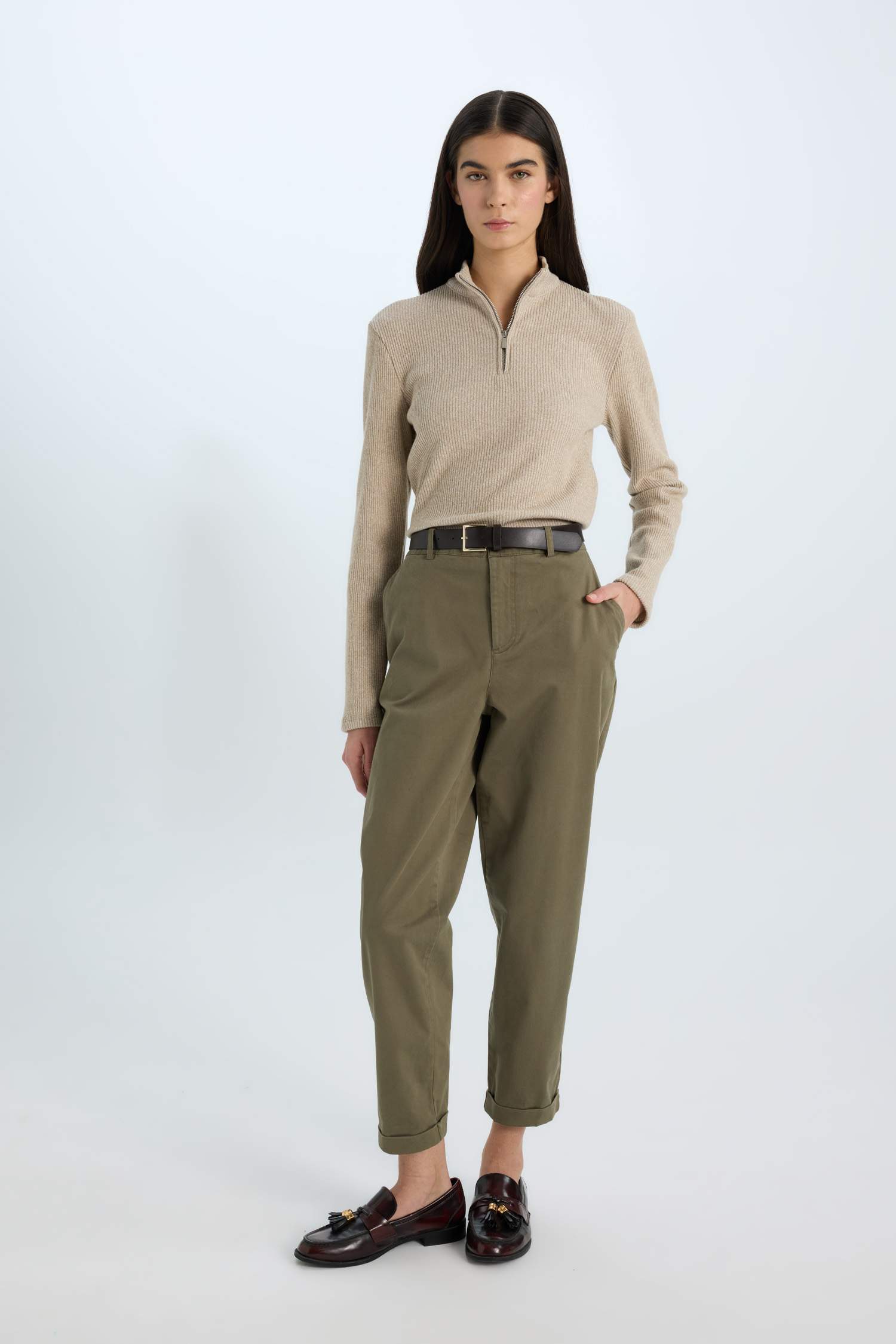 Slim Fit Dar Kesim Yarım Fermuarlı Tweed Uzun Kollu Tişört