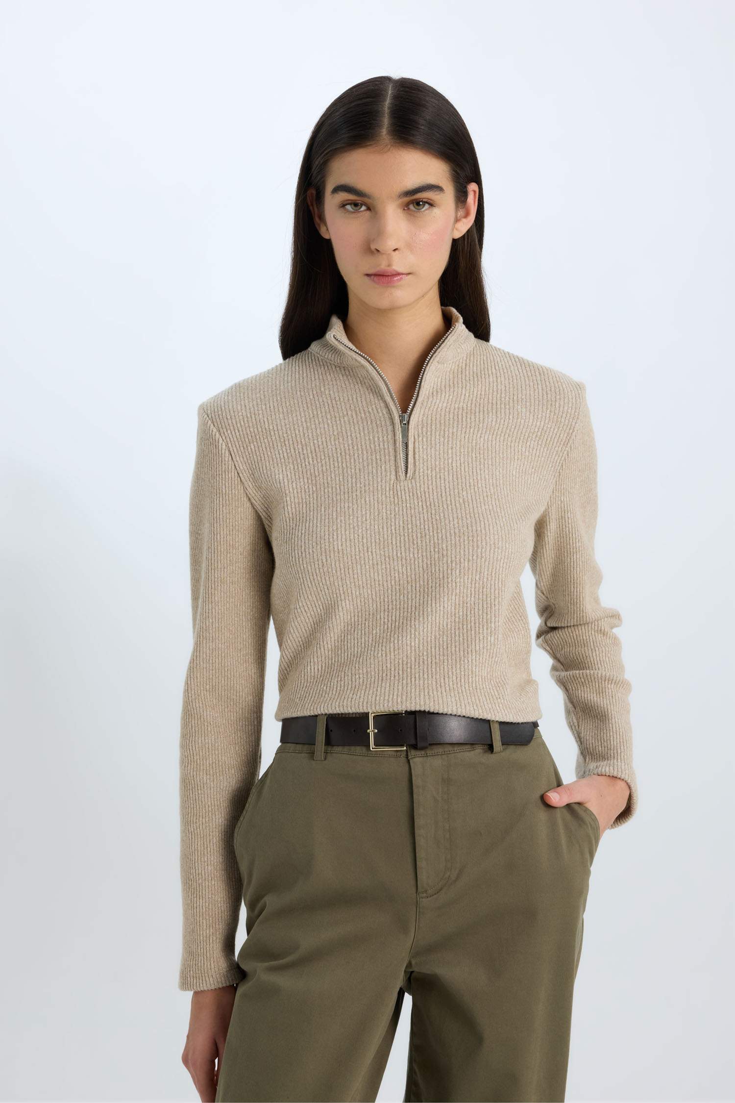 Slim Fit Dar Kesim Yarım Fermuarlı Tweed Uzun Kollu Tişört