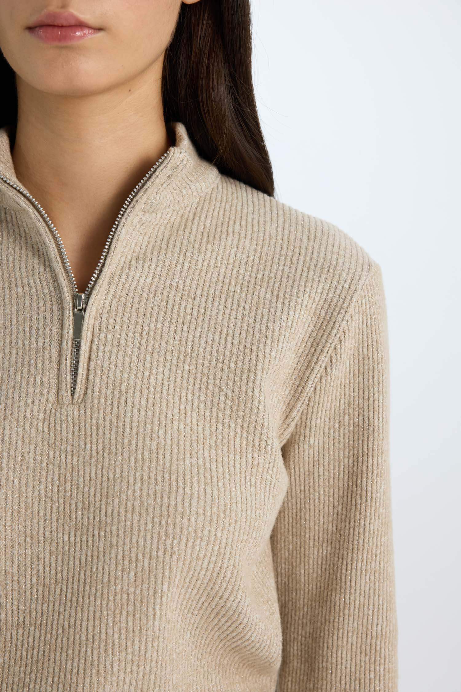 Slim Fit Dar Kesim Yarım Fermuarlı Tweed Uzun Kollu Tişört