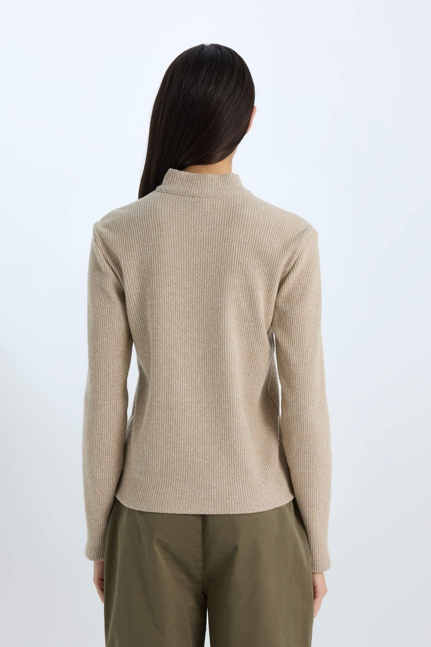 Slim Fit Dar Kesim Yarım Fermuarlı Tweed Uzun Kollu Tişört