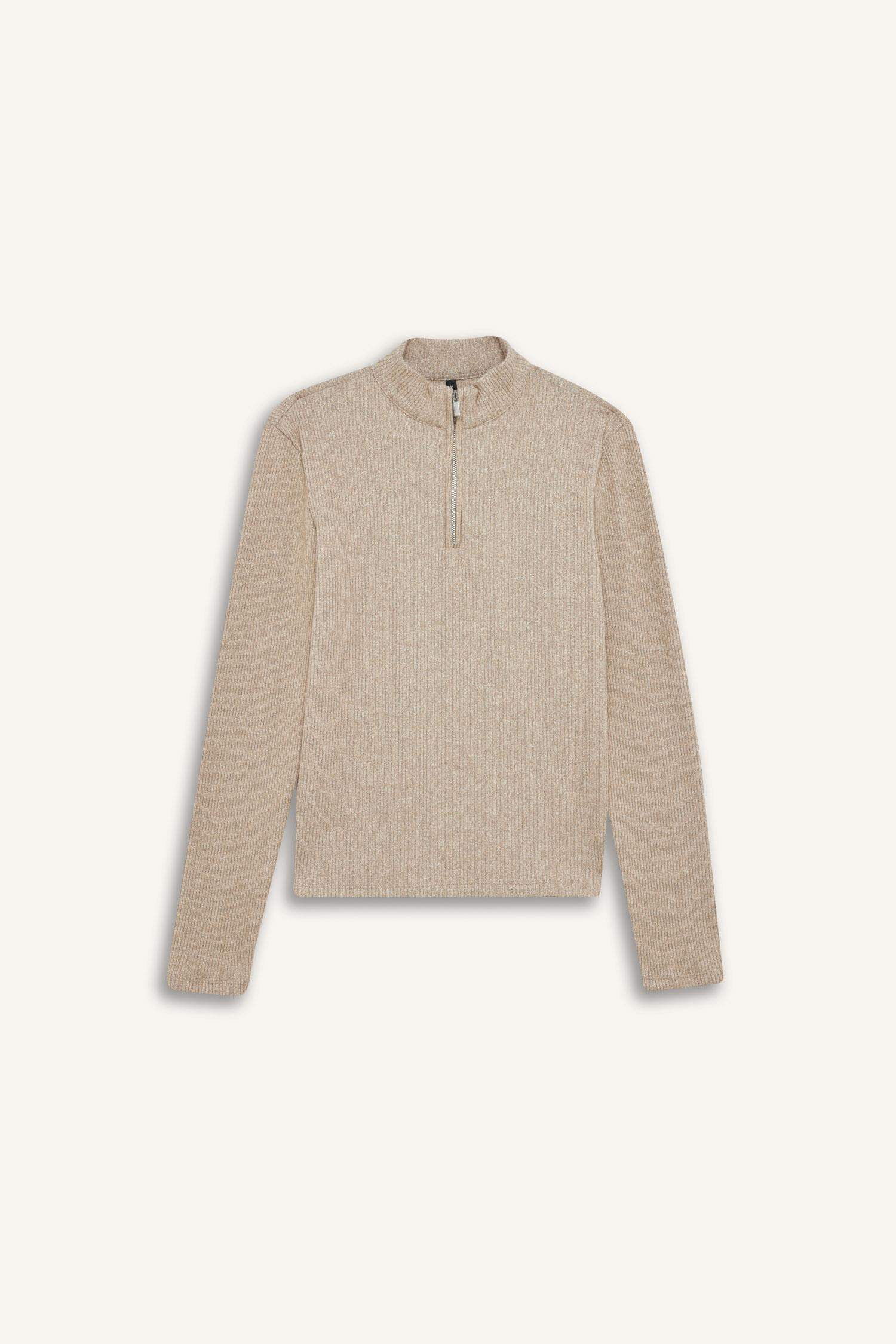 Slim Fit Dar Kesim Yarım Fermuarlı Tweed Uzun Kollu Tişört