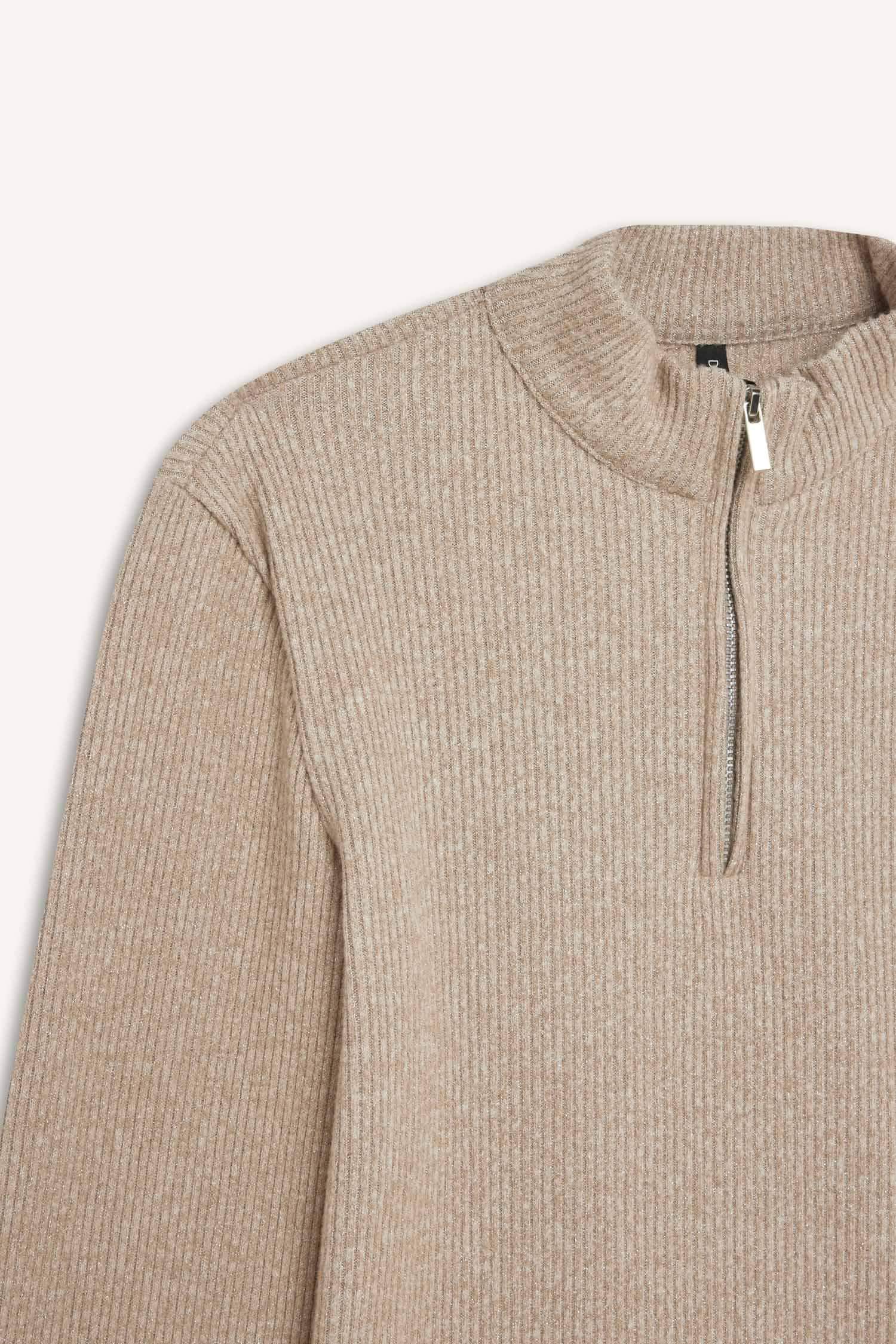 Slim Fit Dar Kesim Yarım Fermuarlı Tweed Uzun Kollu Tişört