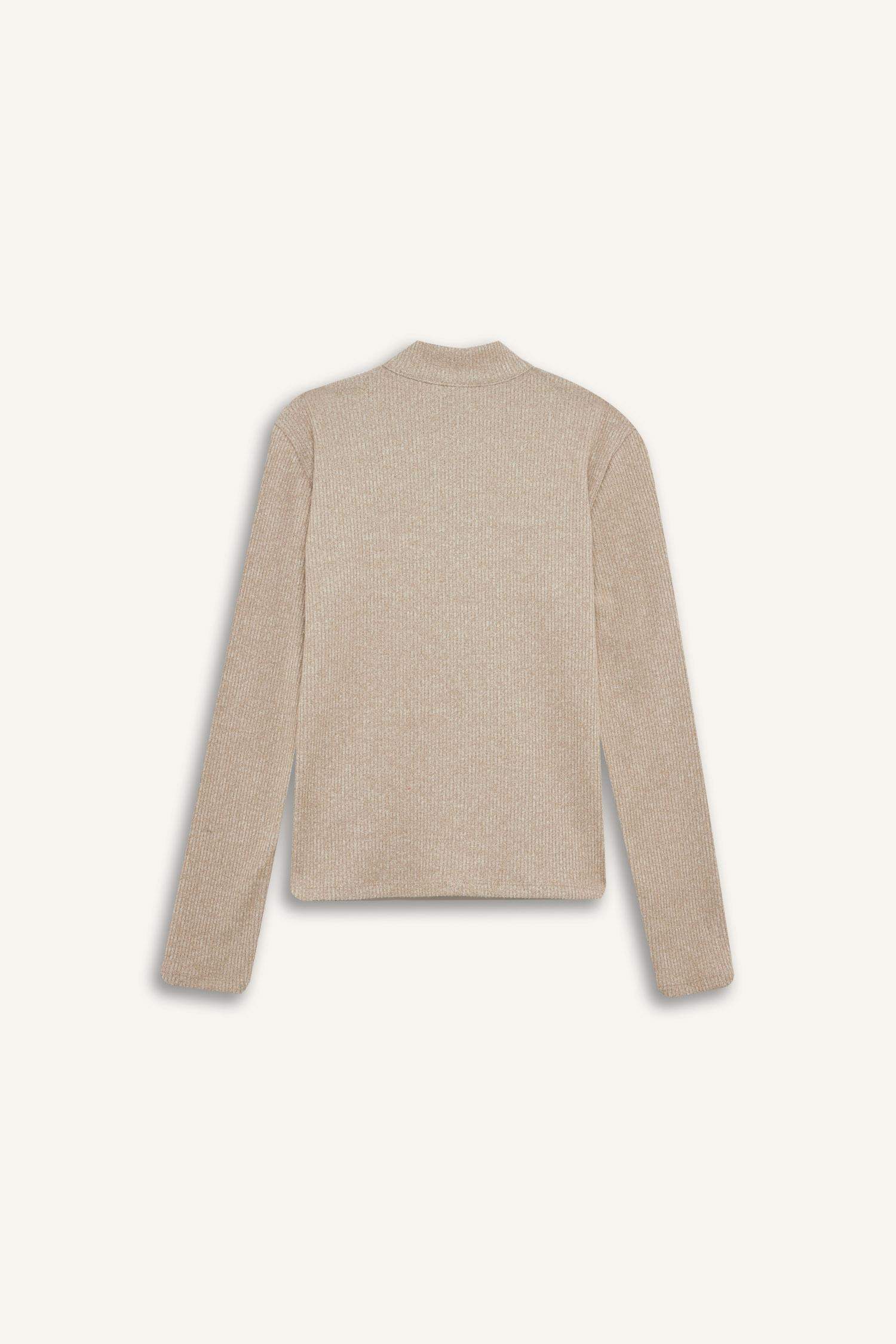 Slim Fit Dar Kesim Yarım Fermuarlı Tweed Uzun Kollu Tişört