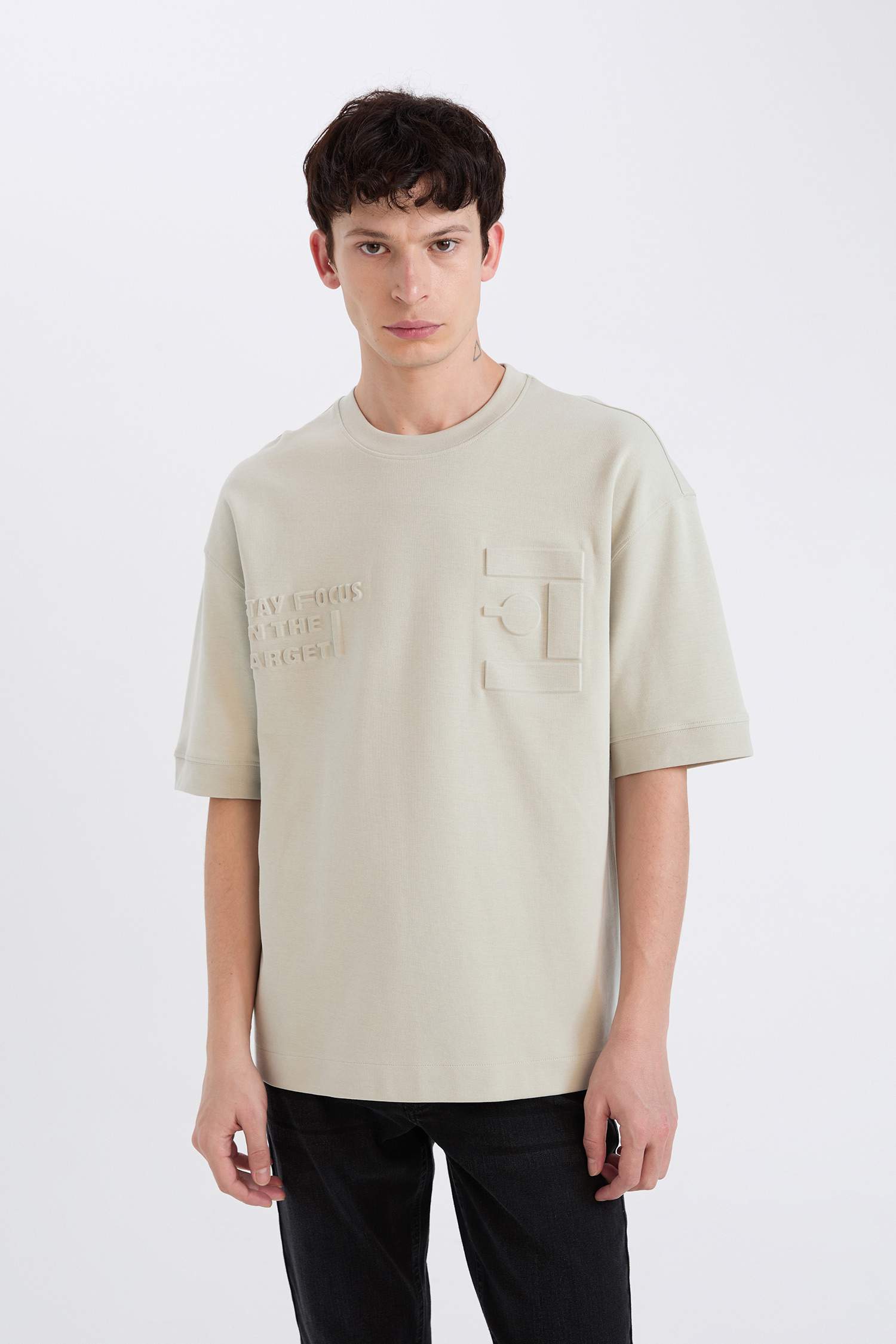 Loose Fit Bisiklet Yaka Baskılı Kısa Kollu Ağır Kumaş Tişört