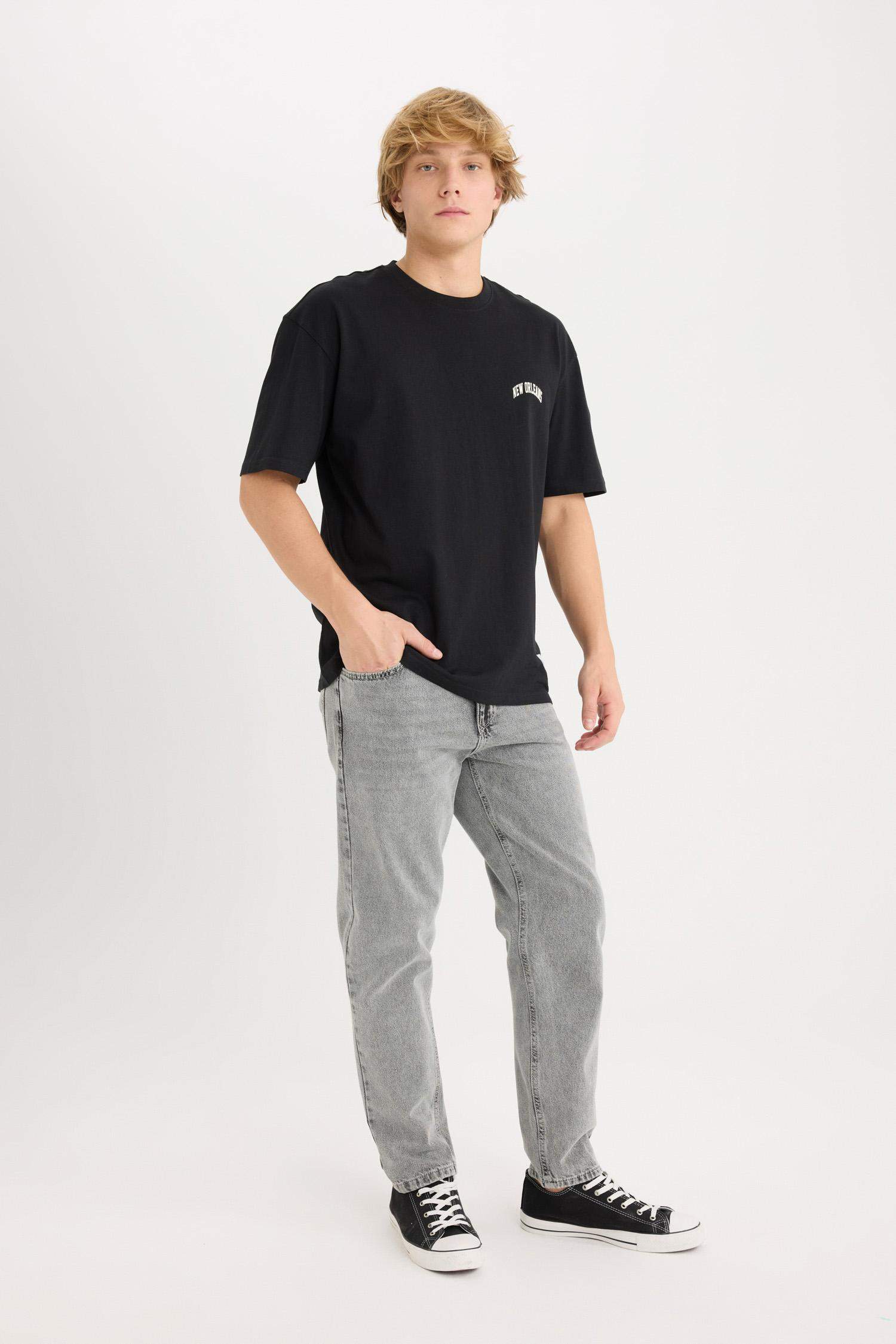 %100 Pamuk Boxy Fit Bisiklet Yaka Baskılı Kısa Kollu Tişört