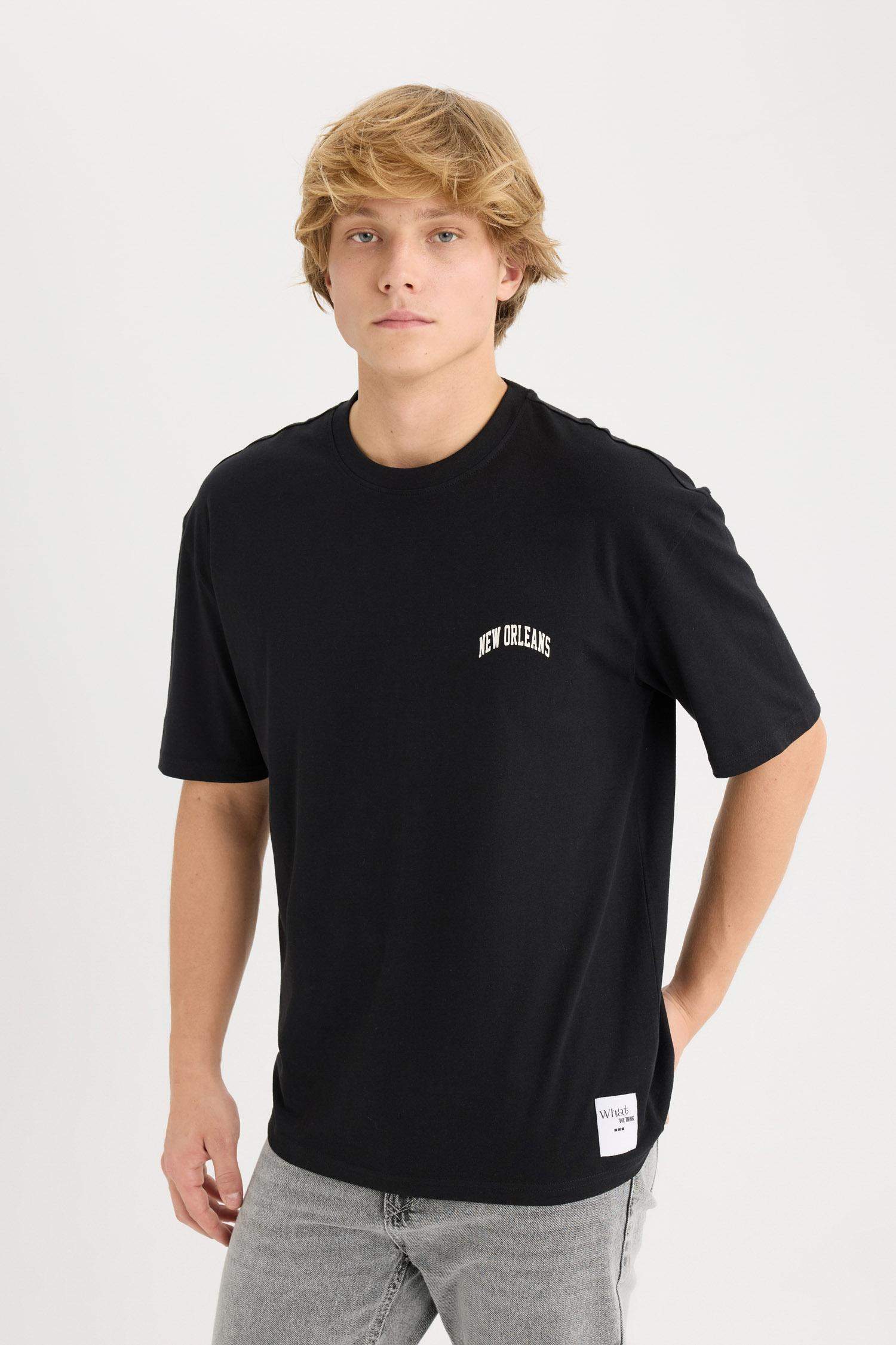 %100 Pamuk Boxy Fit Bisiklet Yaka Baskılı Kısa Kollu Tişört