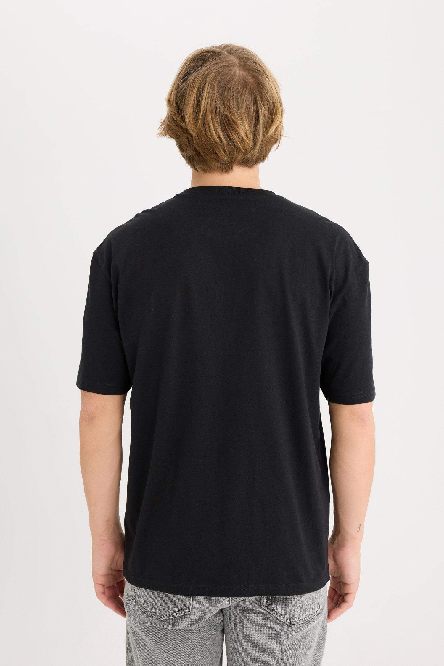 %100 Pamuk Boxy Fit Bisiklet Yaka Baskılı Kısa Kollu Tişört