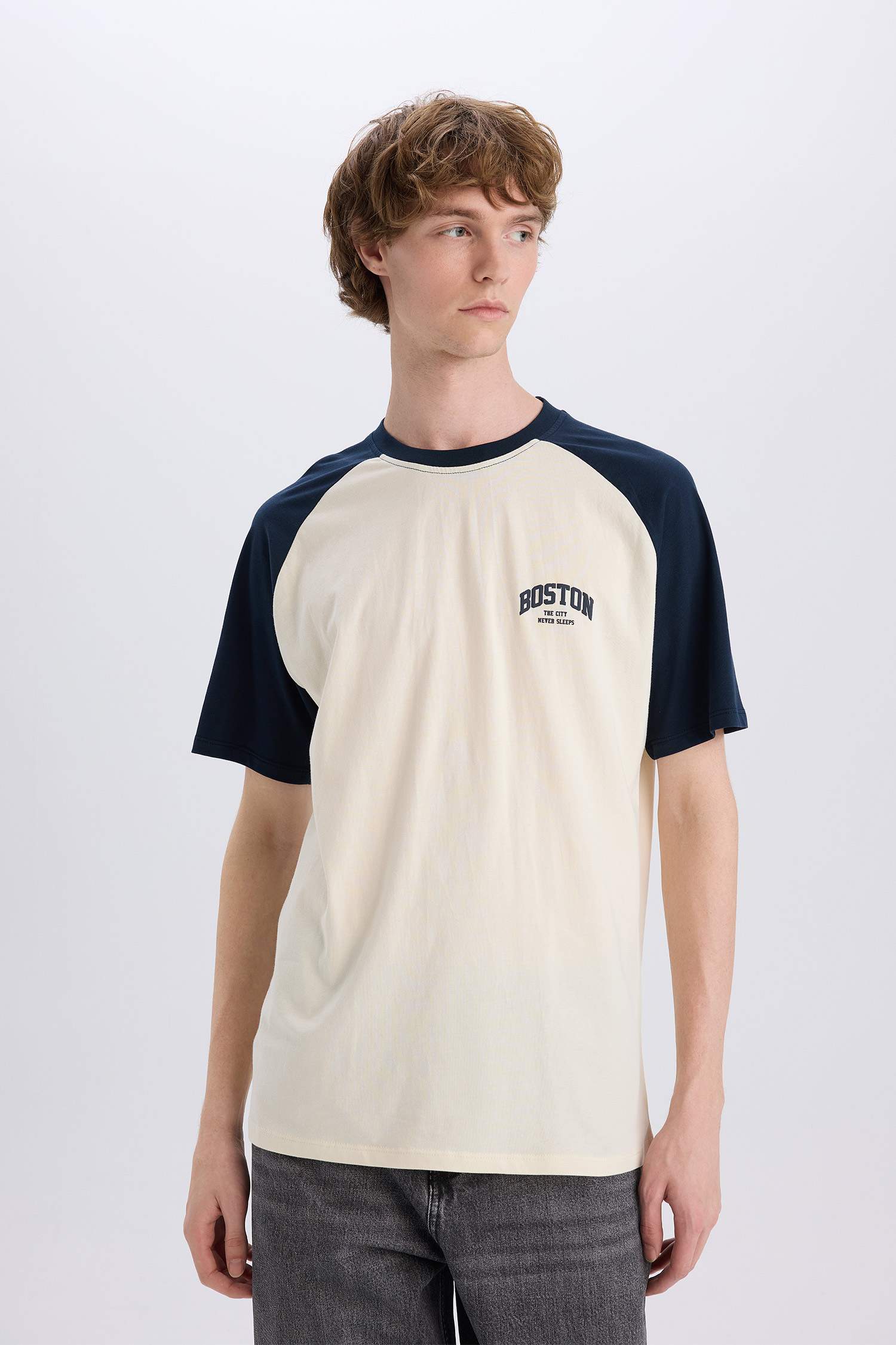 %100 Pamuk Boxy Fit Bisiklet Yaka Baskılı Kısa Kollu Tişört