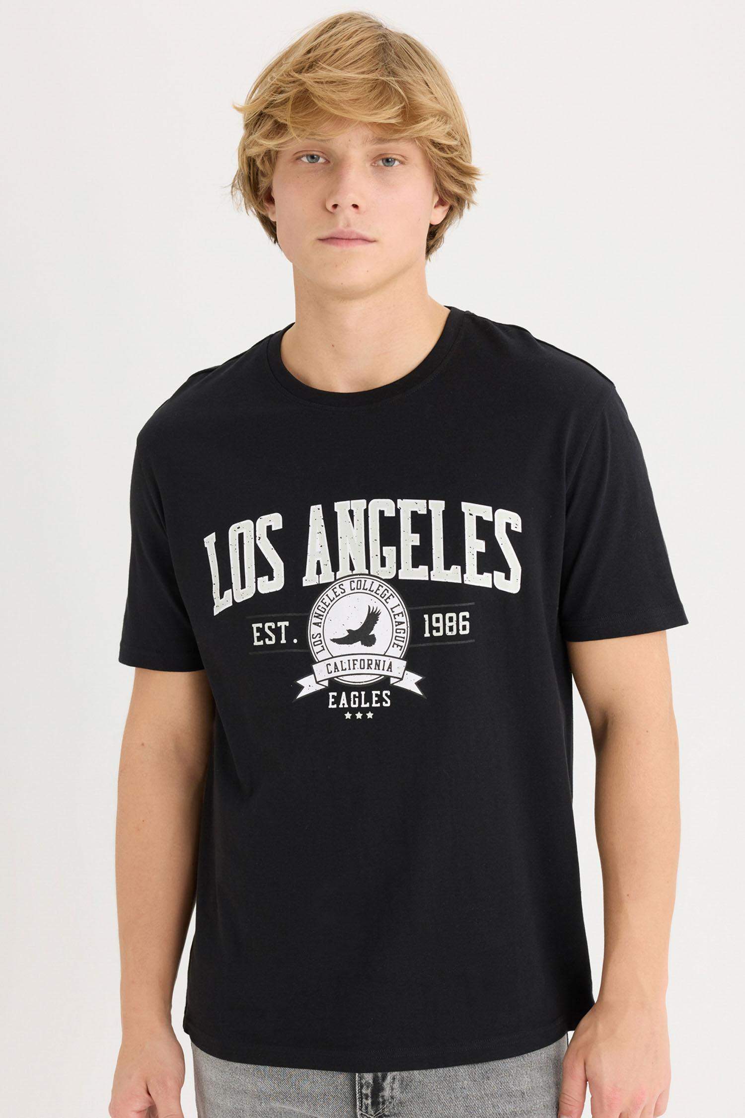 تيشيرت مطبوع قصة عادية برقبة مستديرة