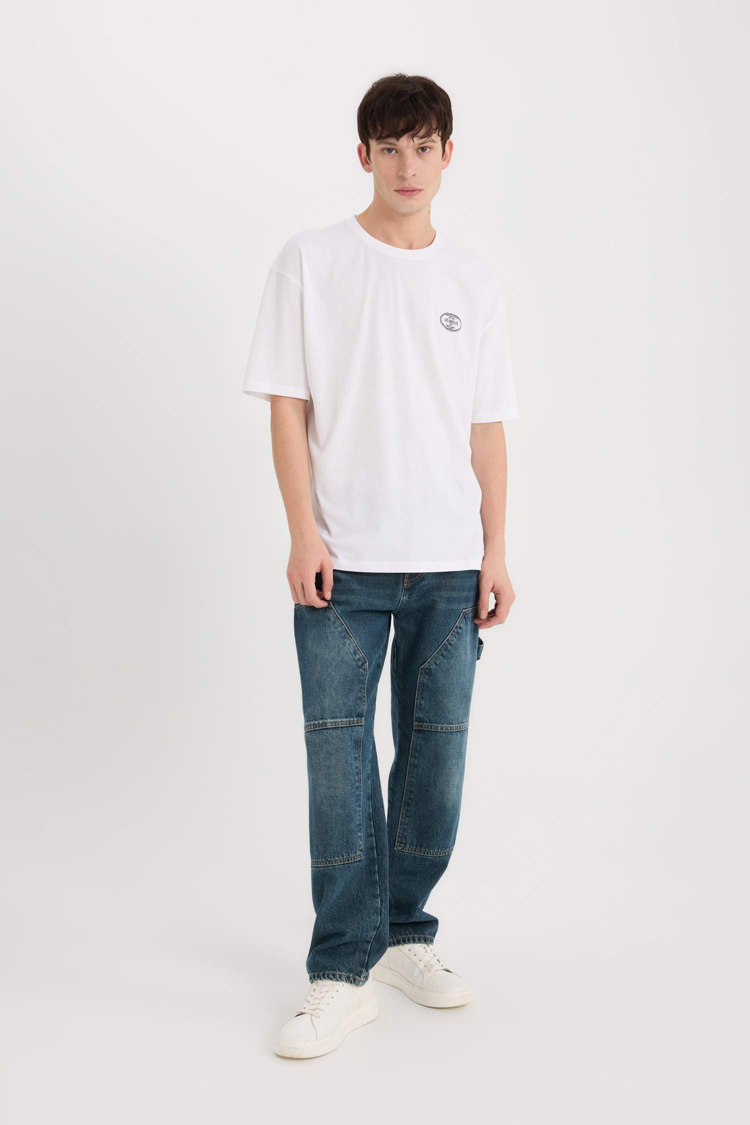 %100 Pamuk Oversize Geniş Kalıp Bisiklet Yaka Sırt Baskılı Kısa Kollu Tişört