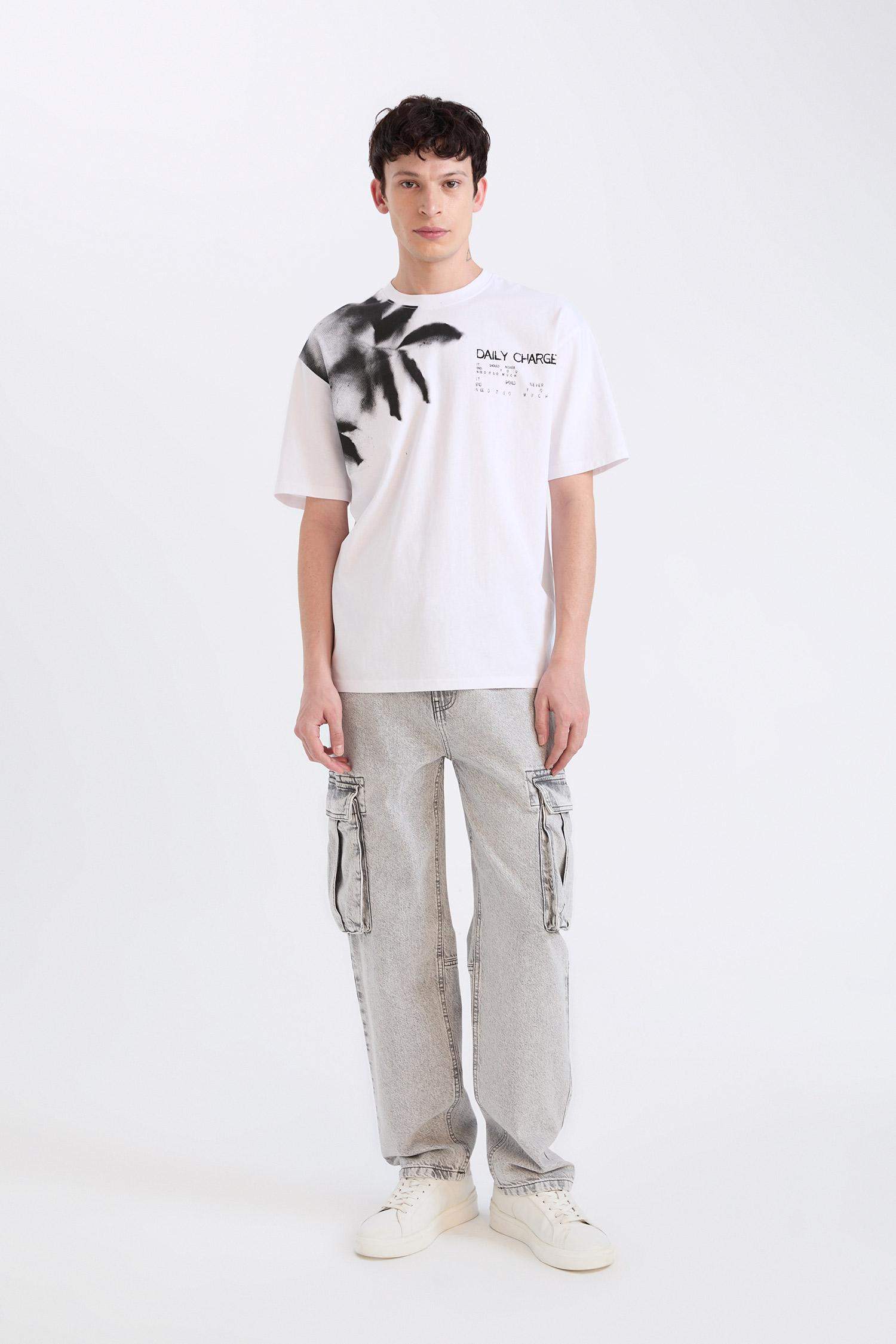 %100 Pamuk Boxy Fit Bisiklet Yaka Baskılı Kısa Kollu Tişört