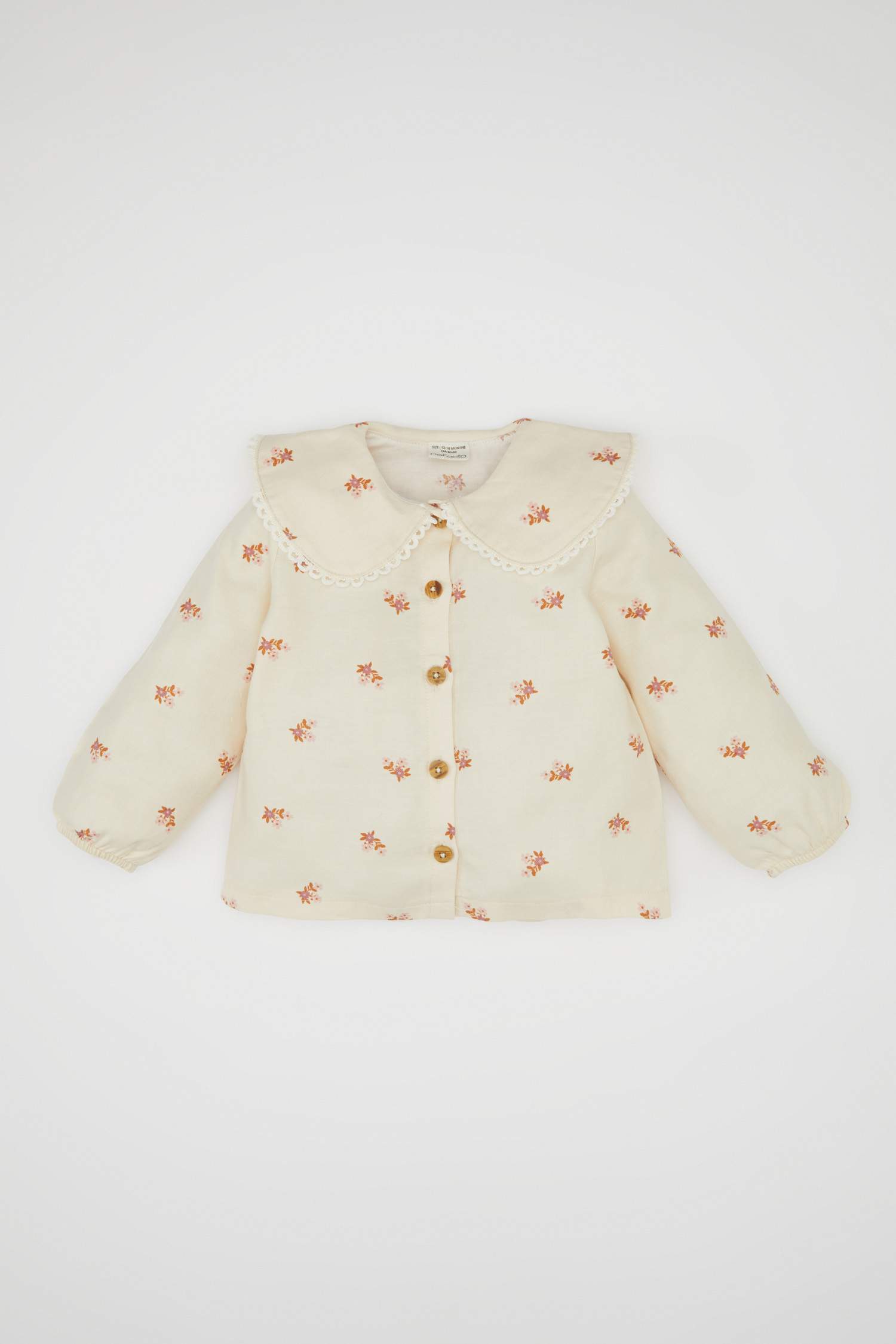 Kız Bebek Büyük Yaka Çiçek Desenli Düğmeli Twill Uzun Kollu Gömlek