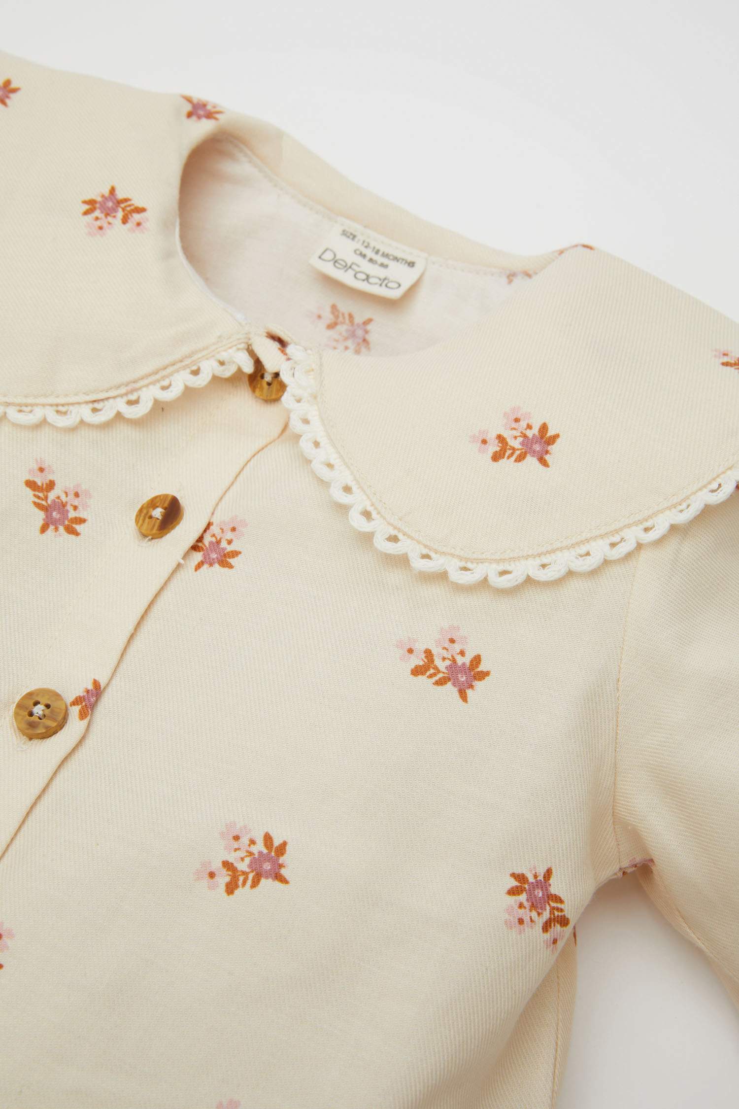 Kız Bebek Büyük Yaka Çiçek Desenli Düğmeli Twill Uzun Kollu Gömlek